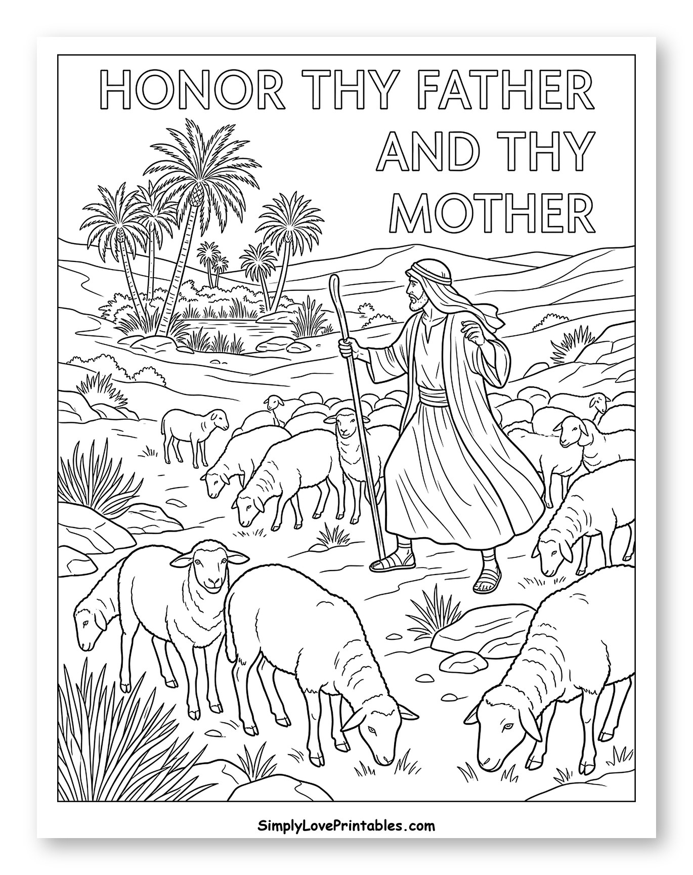 Shepherd and Sheep with the Fifth Commandment Coloring Page