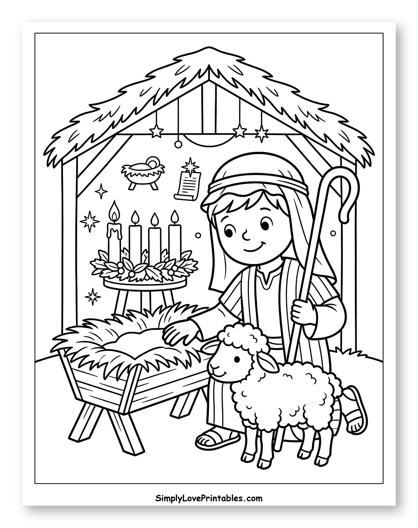 Shepherd Boy with Lamb by Empty Manger Coloring Page for Kids