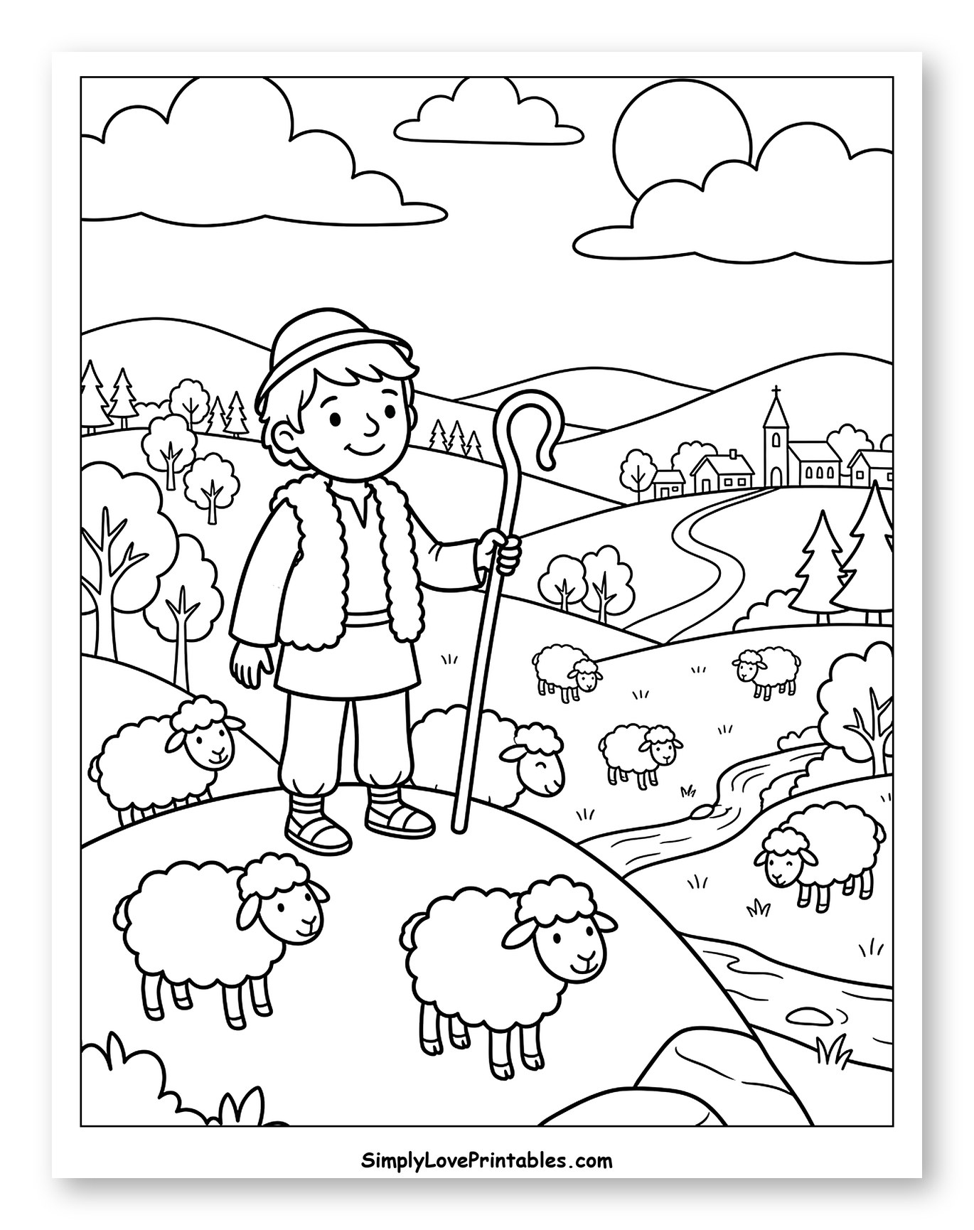 Shepherd Boy with Sheep on a Hillside Coloring Page for Kids
