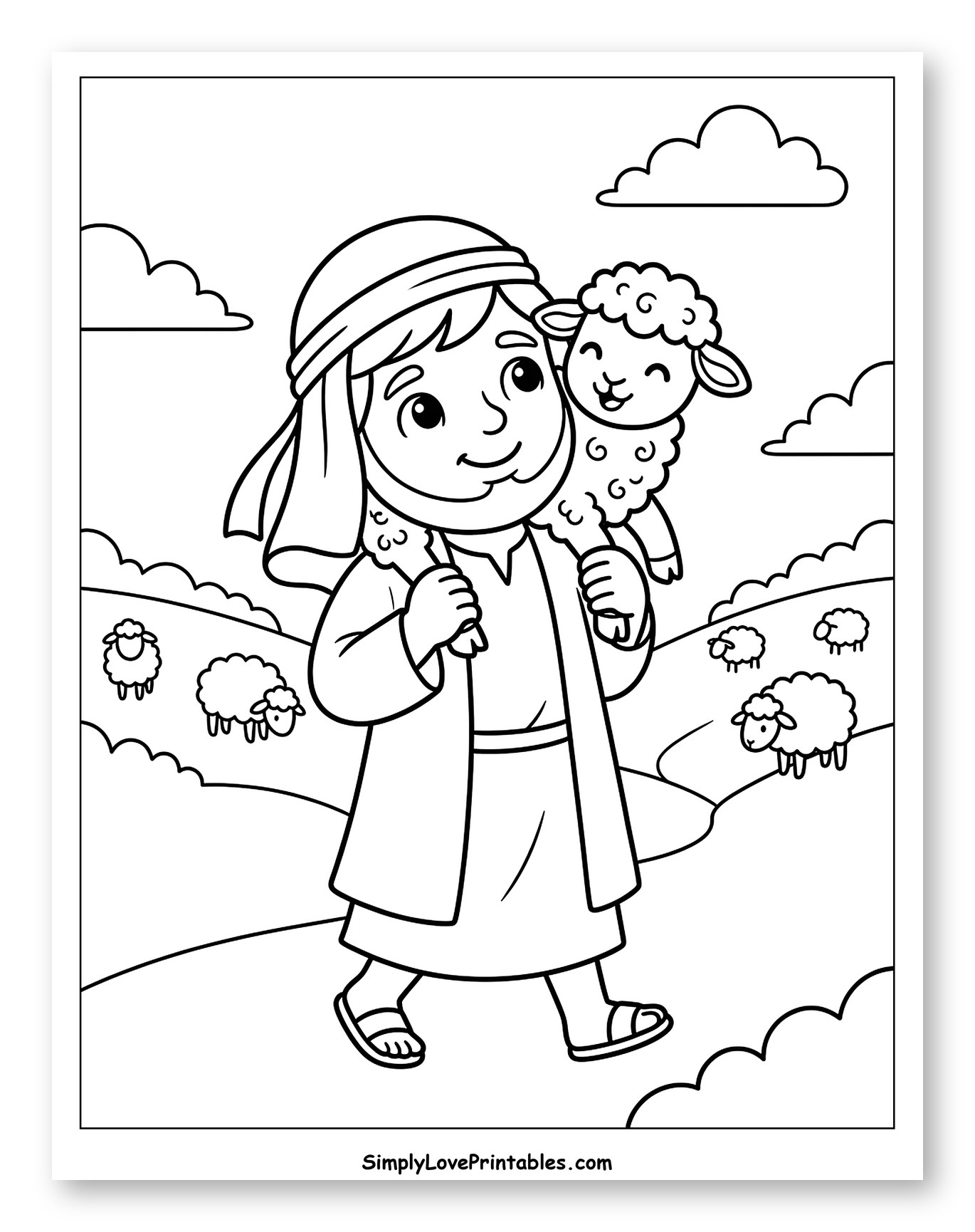 Shepherd Carrying a Lamb in a Field Coloring Page for Kids