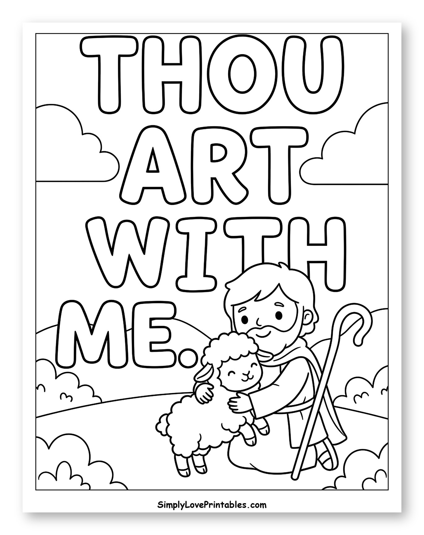 Shepherd Cradling a Lamb with Bible Verse Coloring Sheet for Kids