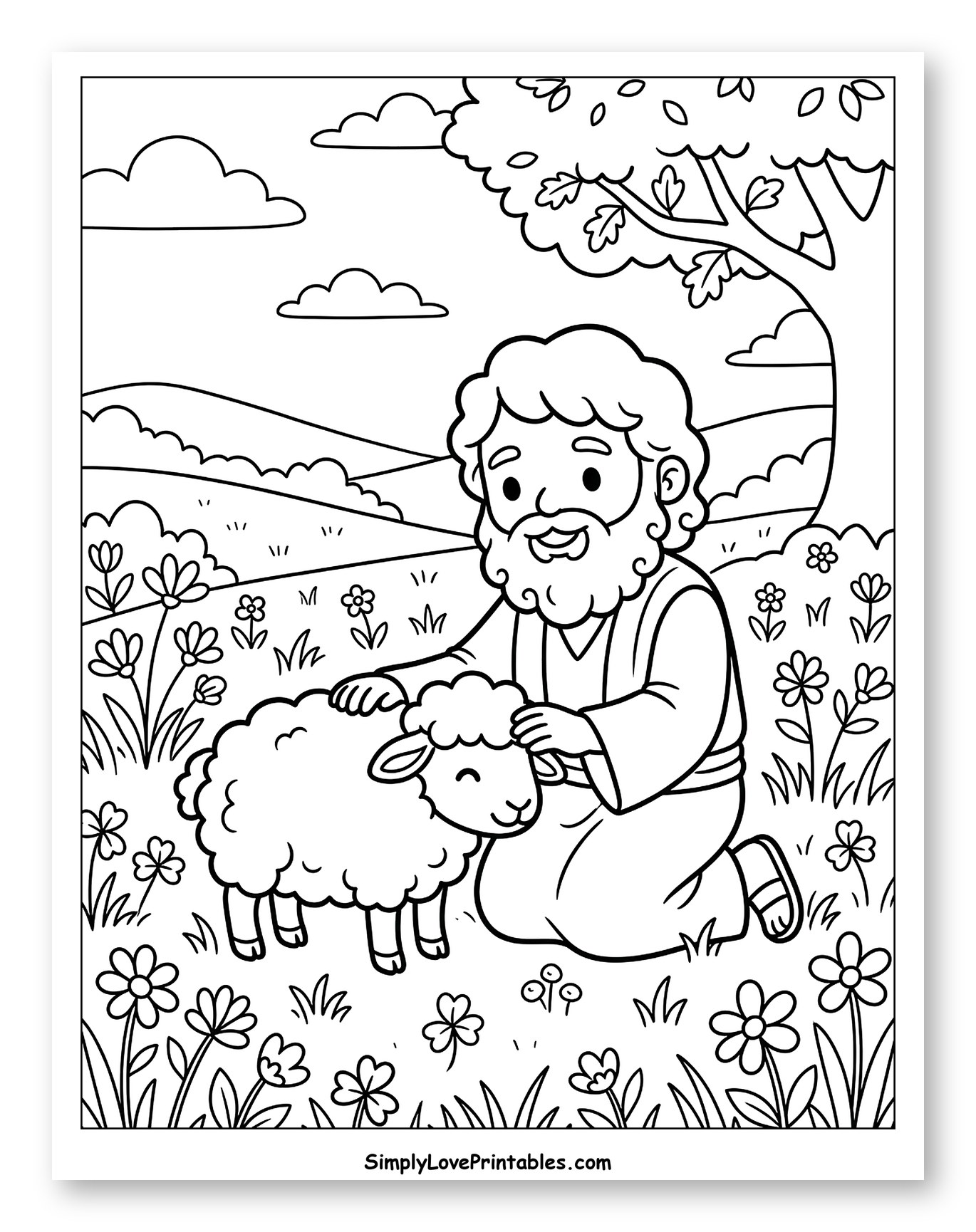 Shepherd Gently Petting a Lamb Coloring Page for Kids