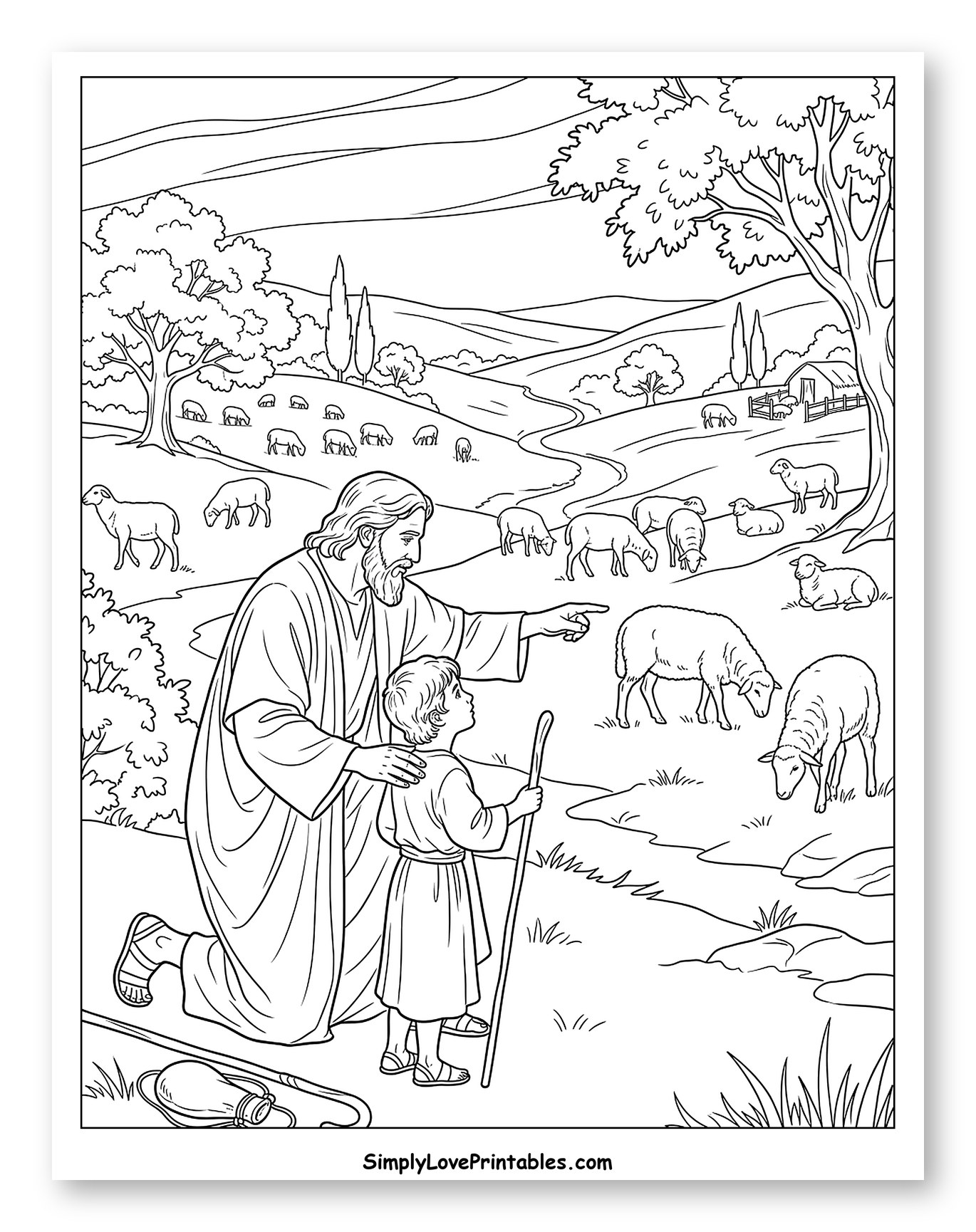 Shepherd Guiding Boy Among Sheep Coloring Sheet