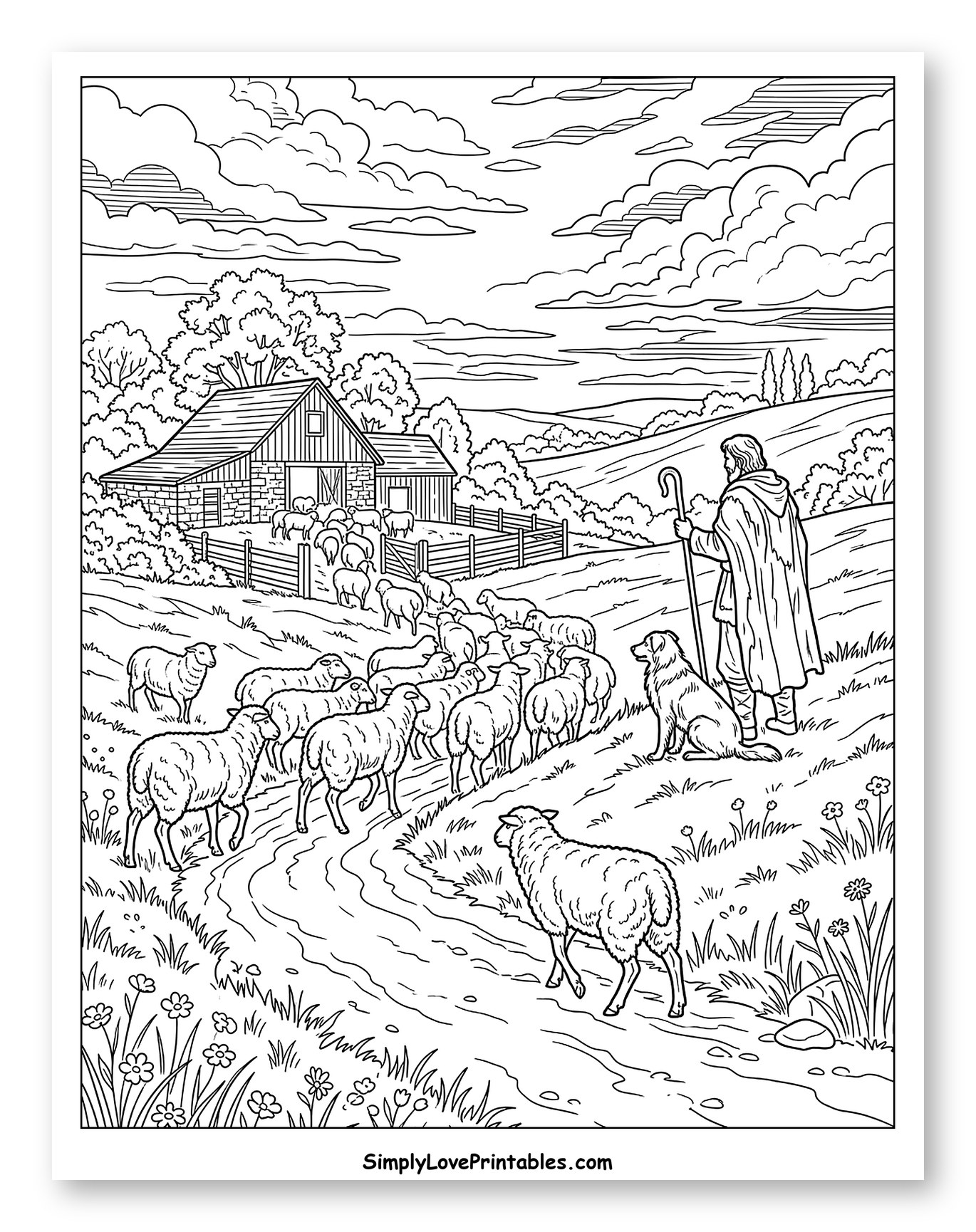 Shepherd Herding Sheep from the Barn Coloring Page