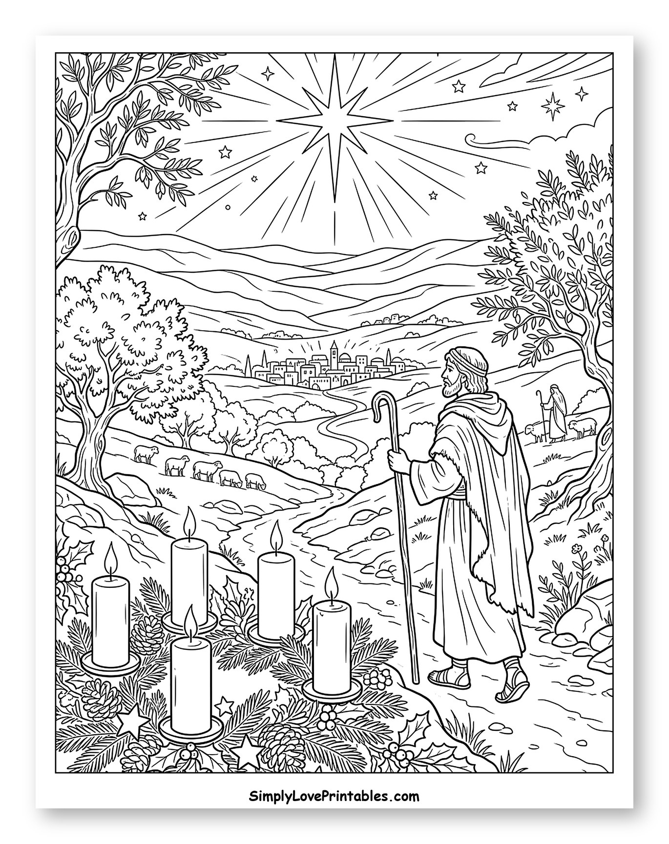 Shepherd Journeys to Bethlehem Under the Christmas Star to Color