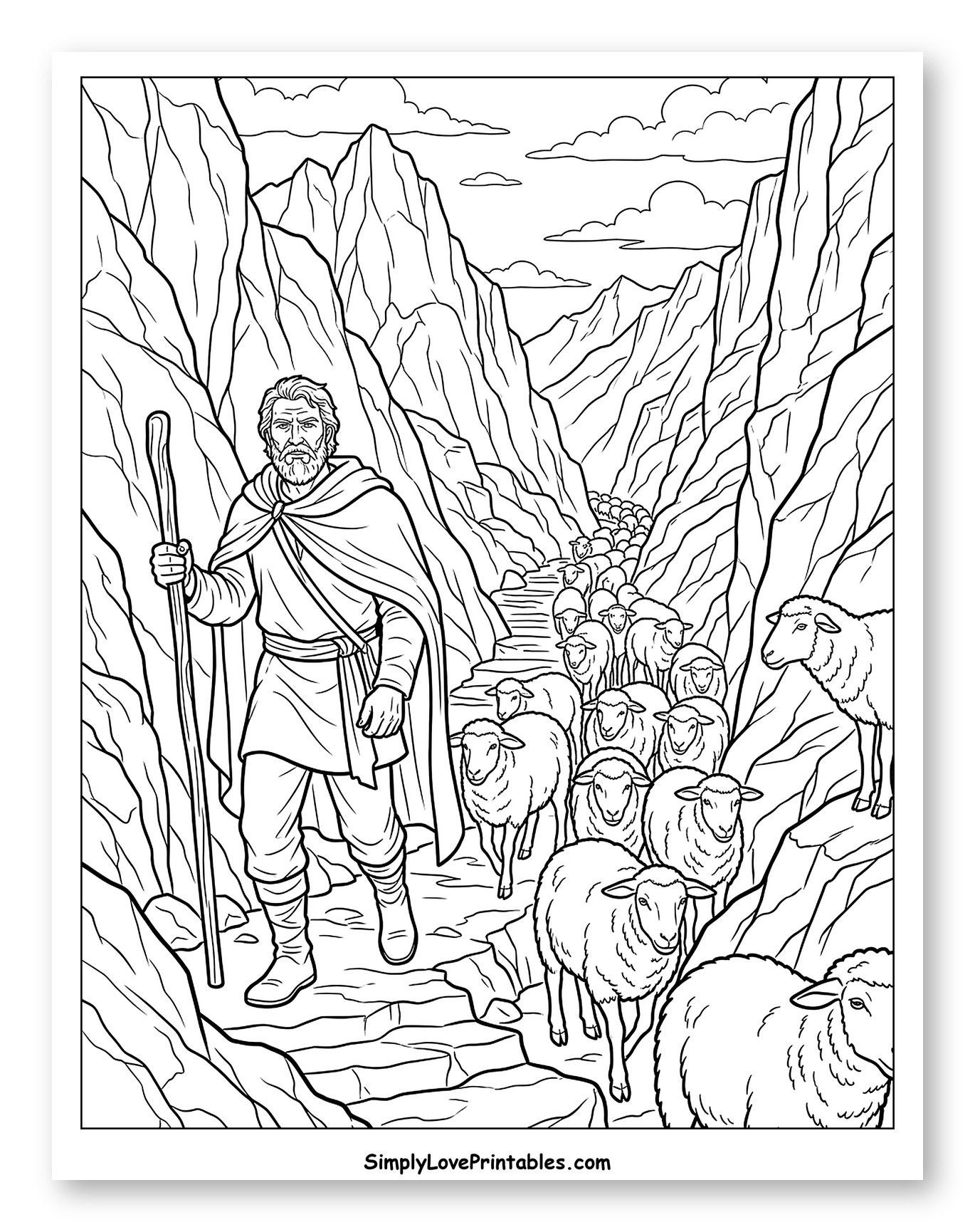 Shepherd Leading Sheep Through Mountain Pass