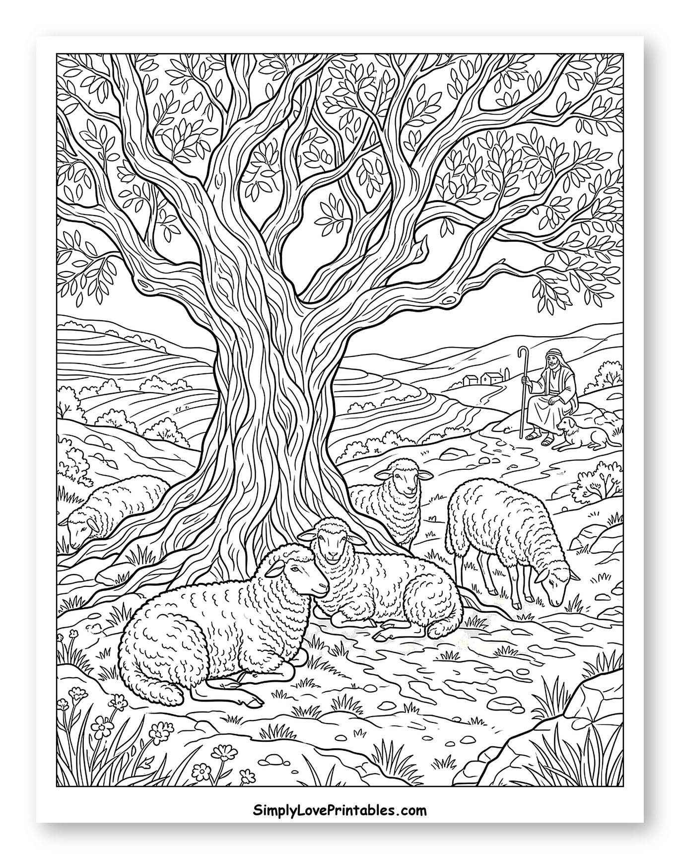 Shepherd Resting with His Flock Under a Tree