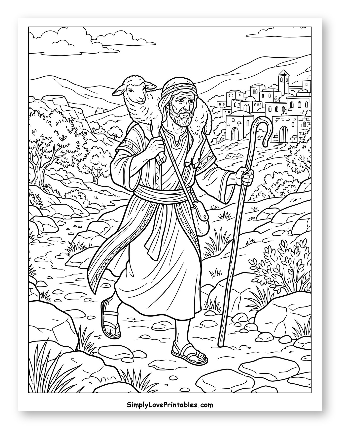 Shepherd Returning with a Lamb on Shoulders to Color