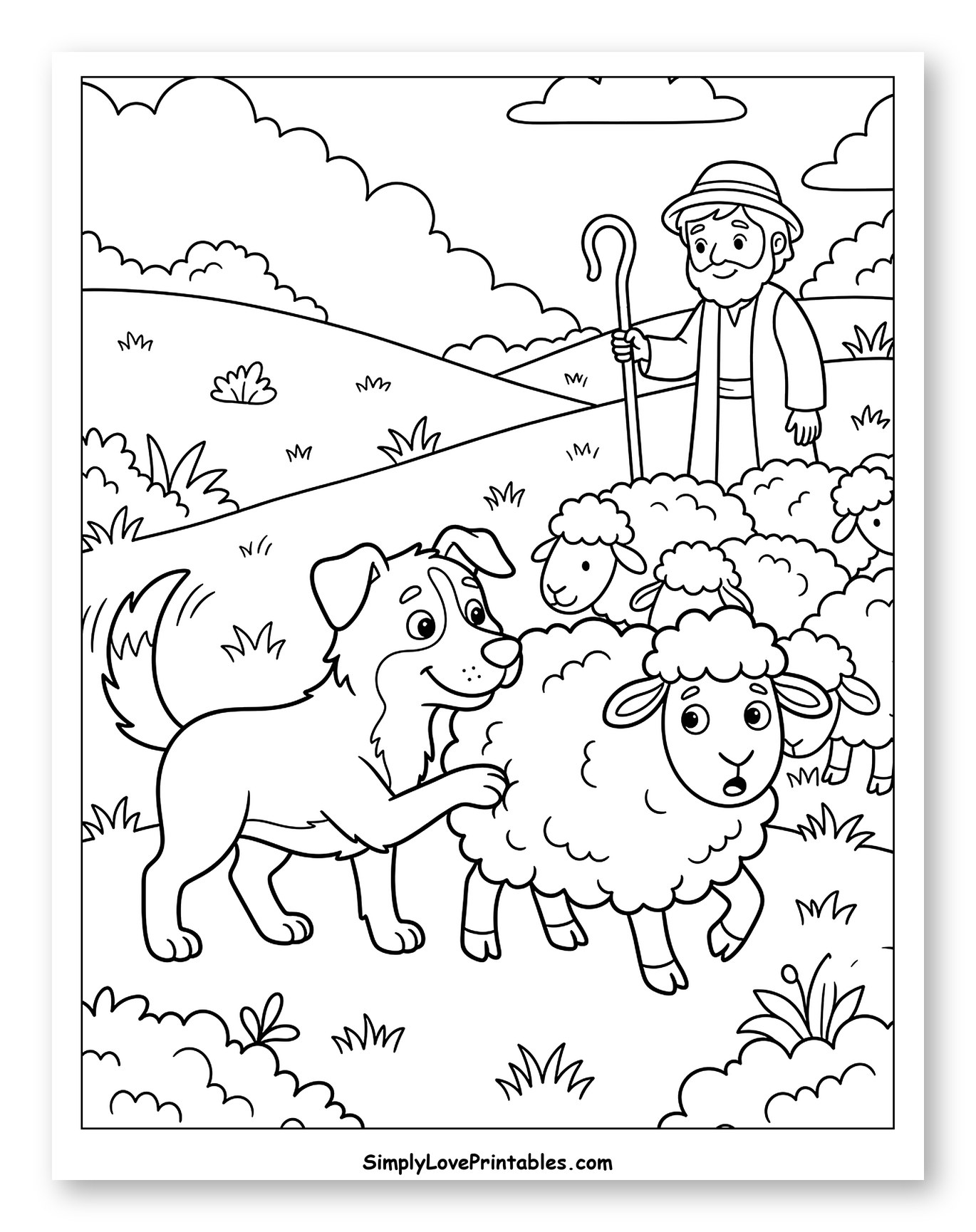 Shepherd with Dog and Sheep in Field