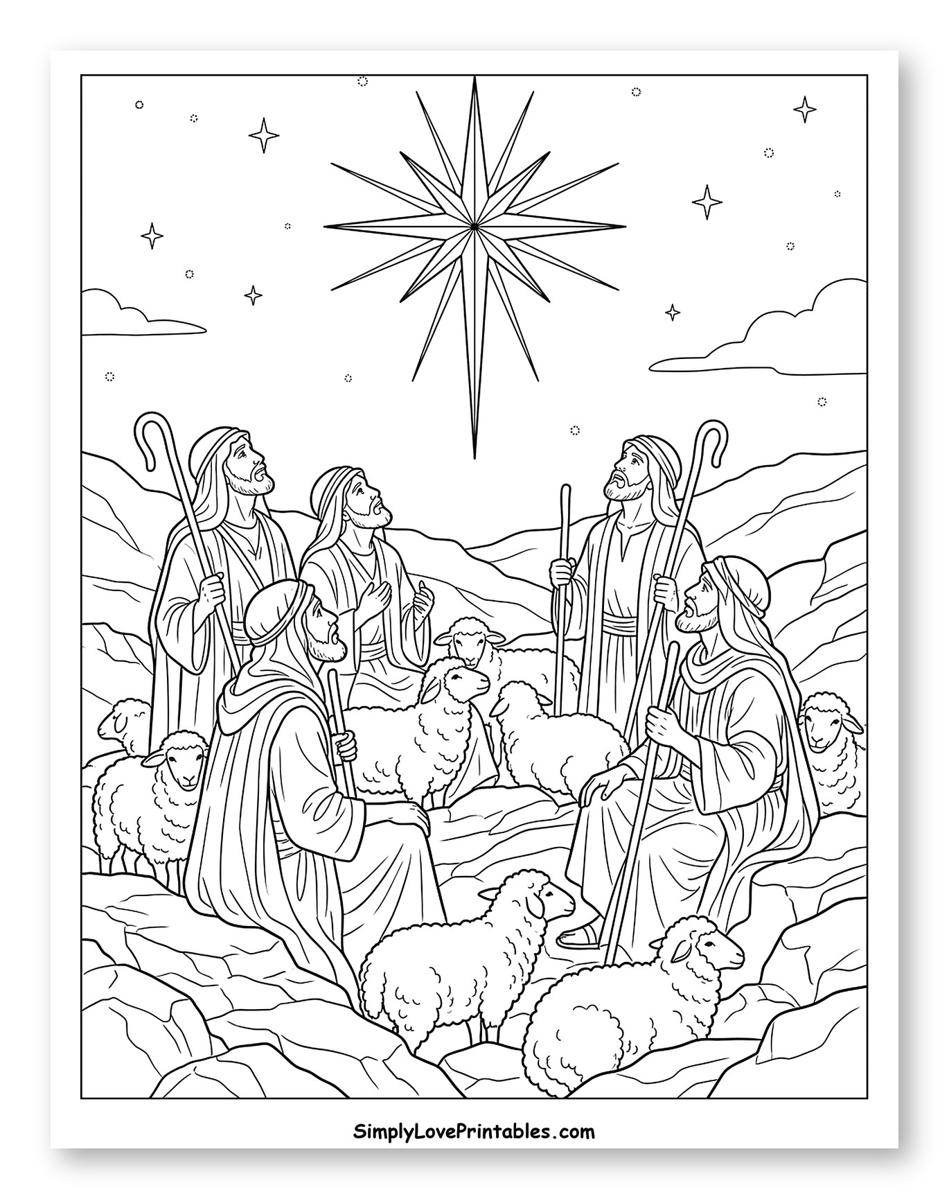 Shepherds and Sheep Looking at Bethlehem Star