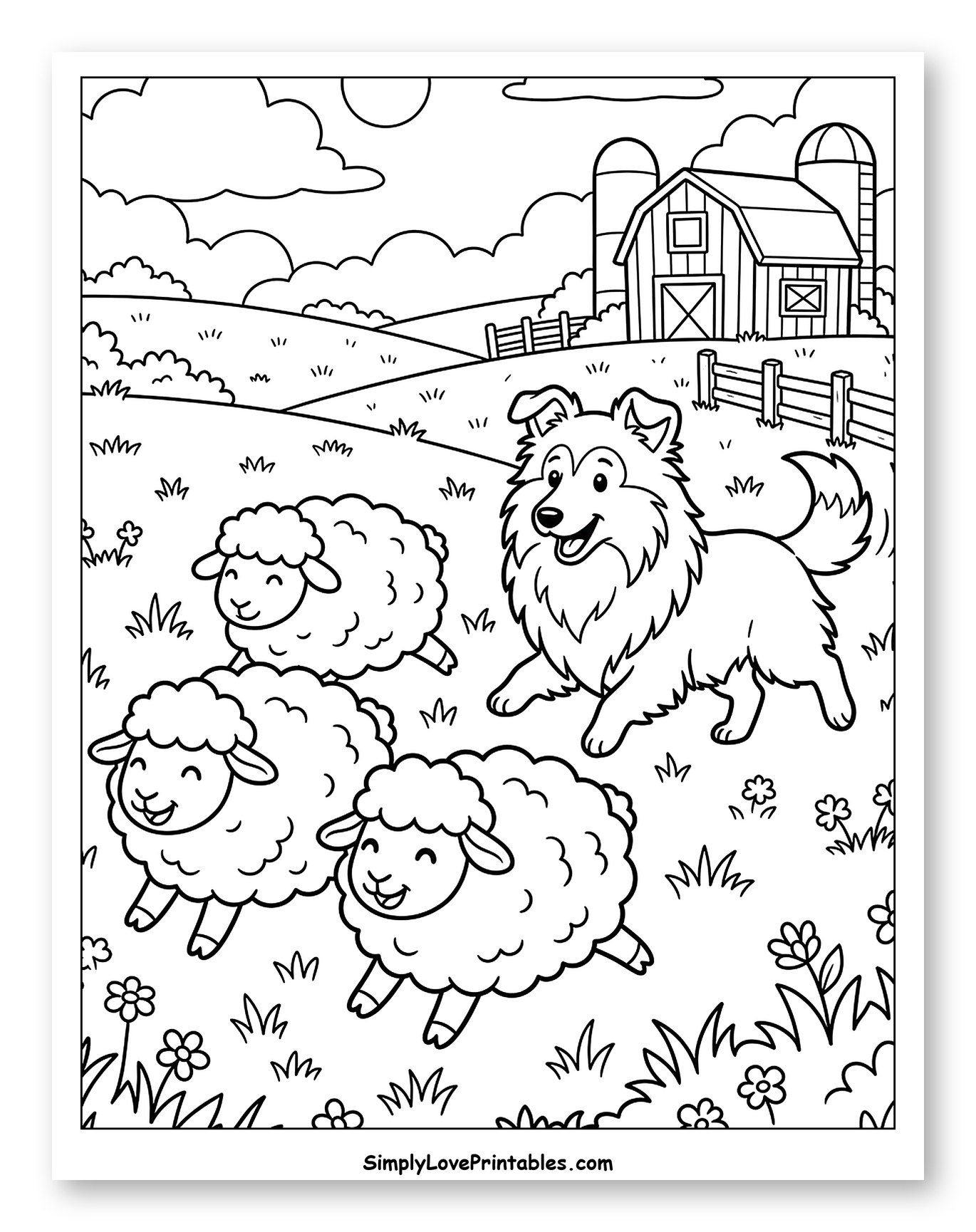 Shetland Sheepdog Herding Three Sheep on a Farm Coloring Sheet for Kids
