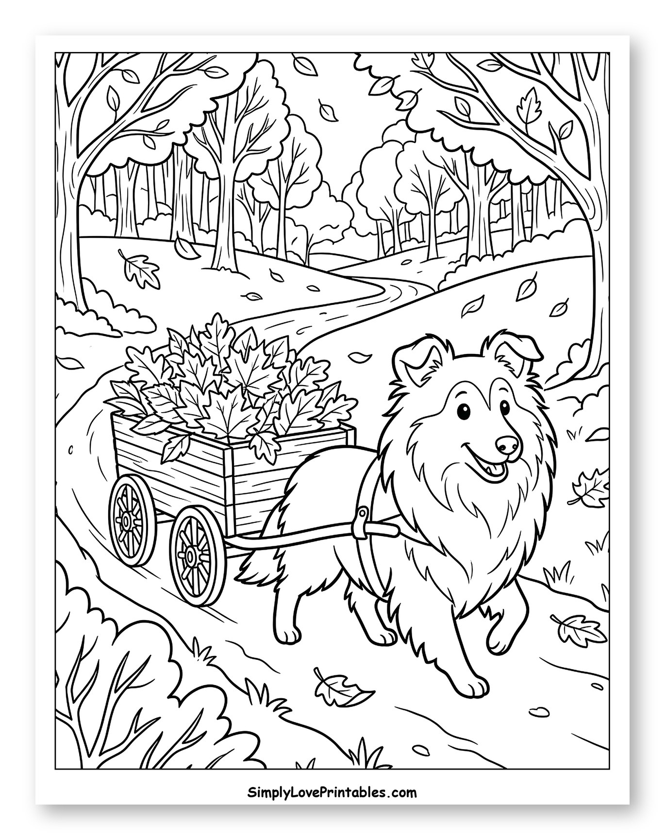 Shetland Sheepdog Pulling Leaf Cart in Autumn Forest