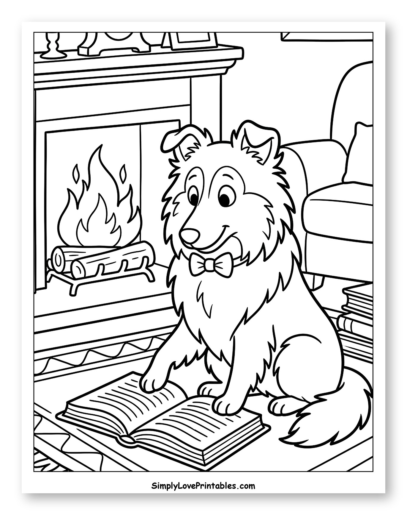 Shetland Sheepdog Reading by Fireplace