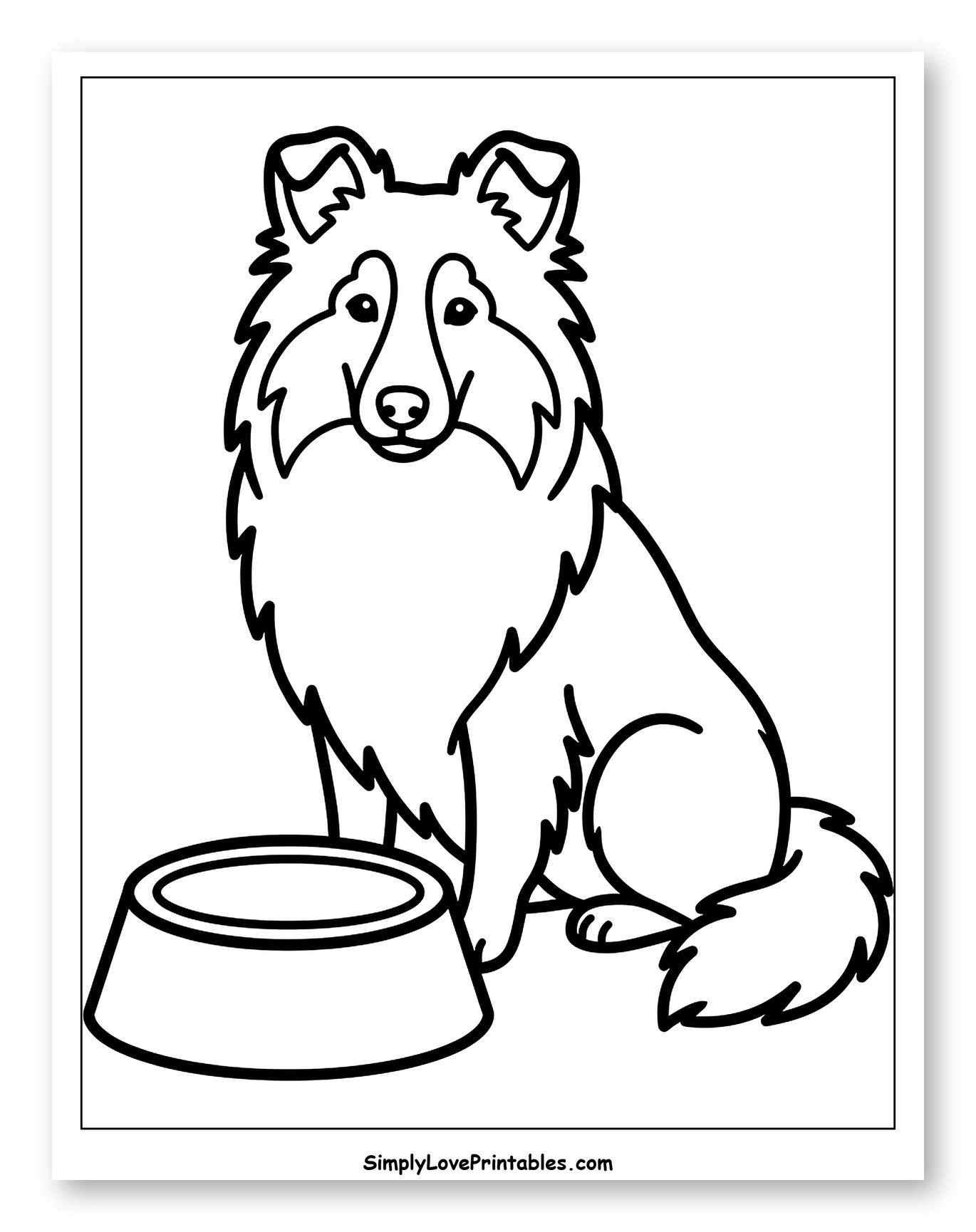Shetland Sheepdog Sitting by Food Bowl Coloring Page for Toddlers