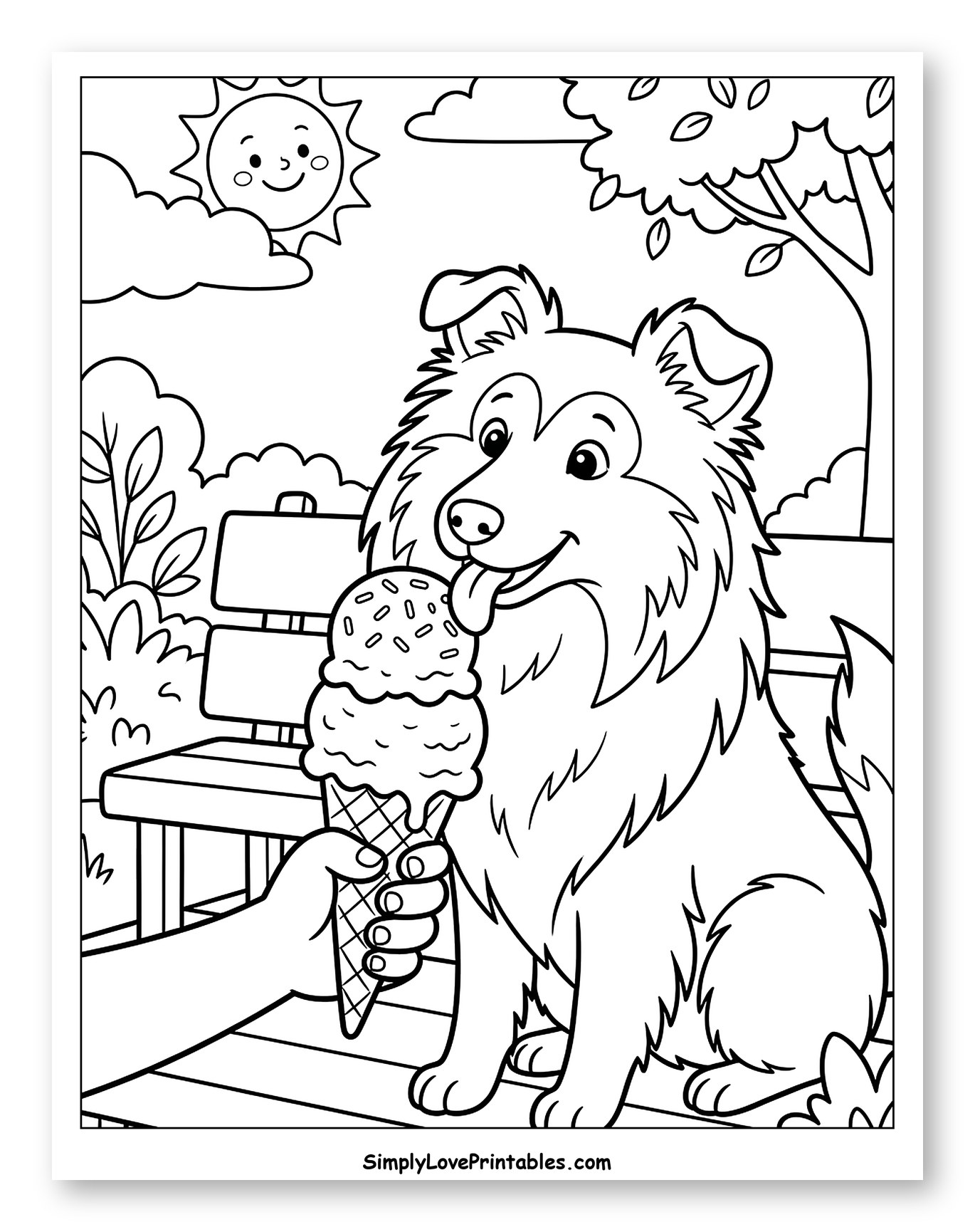 Shetland Sheepdog with Ice Cream in Sunny Park Coloring Page for Kids