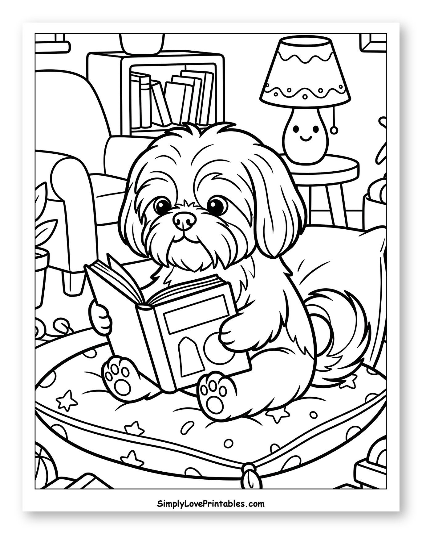 Shih Tzu Dog Reading Book on Cushion