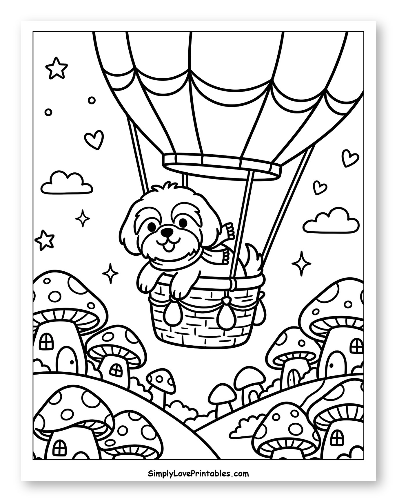 Shih Tzu Puppy in Hot Air Balloon Over Mushroom Village