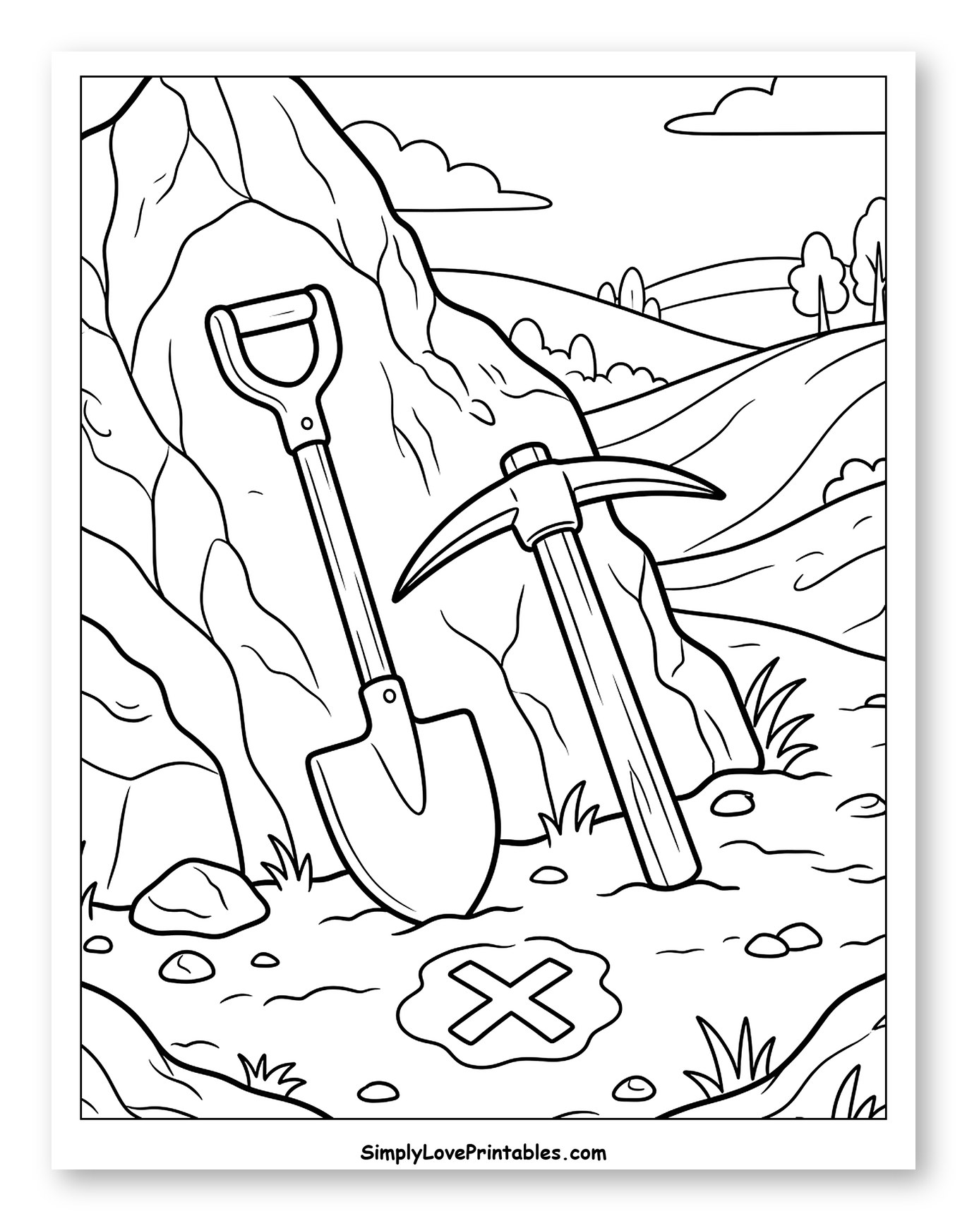 Shovel and Pickaxe at Treasure X-Mark to Color for Kids