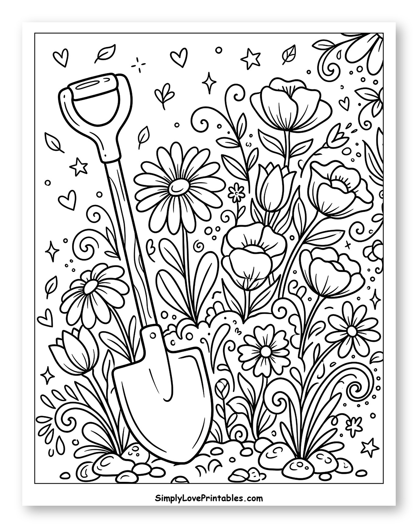 Shovel in a Whimsical Flower Garden
