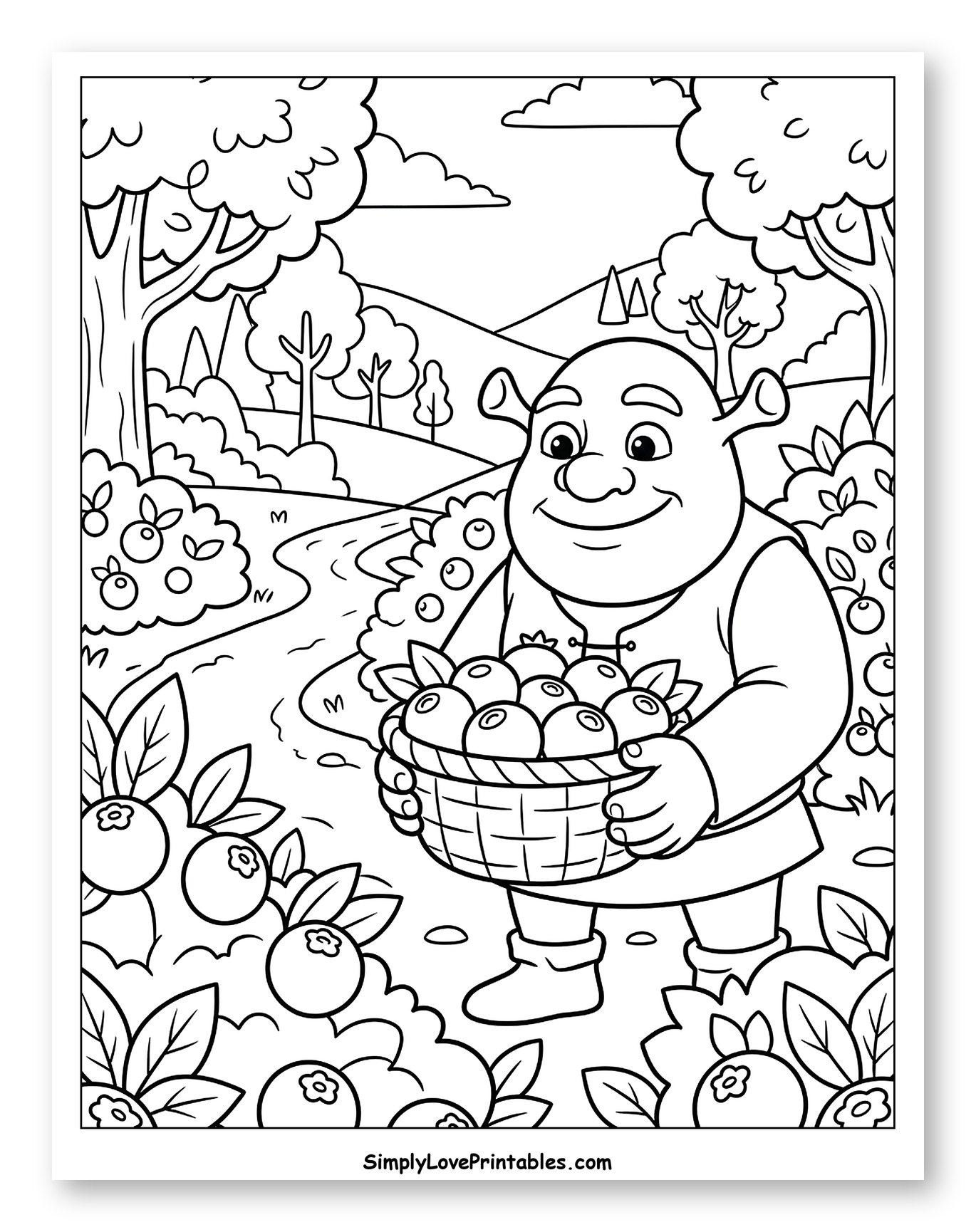 Shrek Harvesting Berries by a Stream Coloring Sheet for Kids