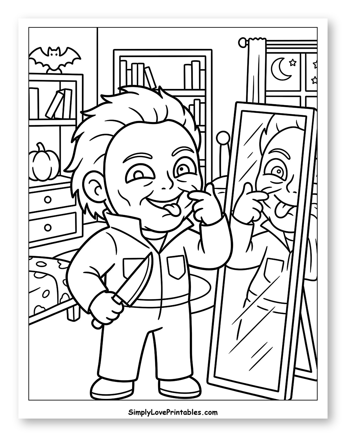 Silly Child Michael Myers Poking Cheek in Mirror Coloring Sheet for Kids