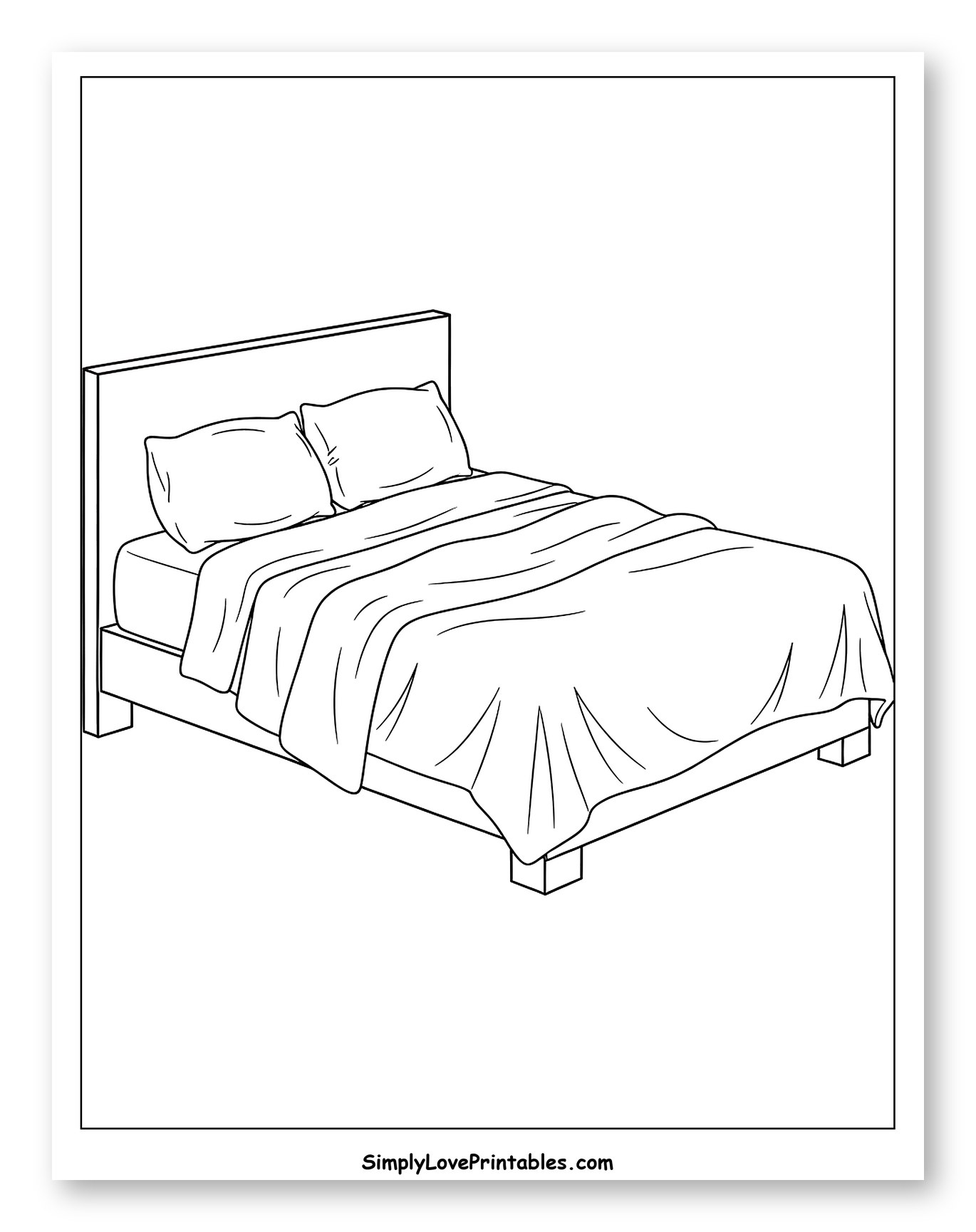 Simple Bed with Pillows and Blanket to Color for Toddlers