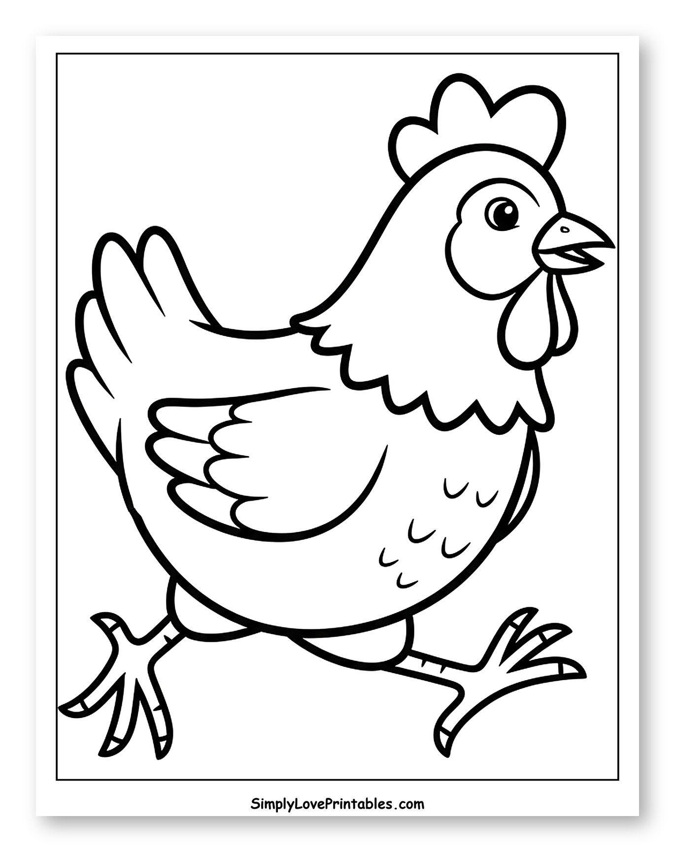 Simple Cartoon Chicken Running to Color for Toddlers