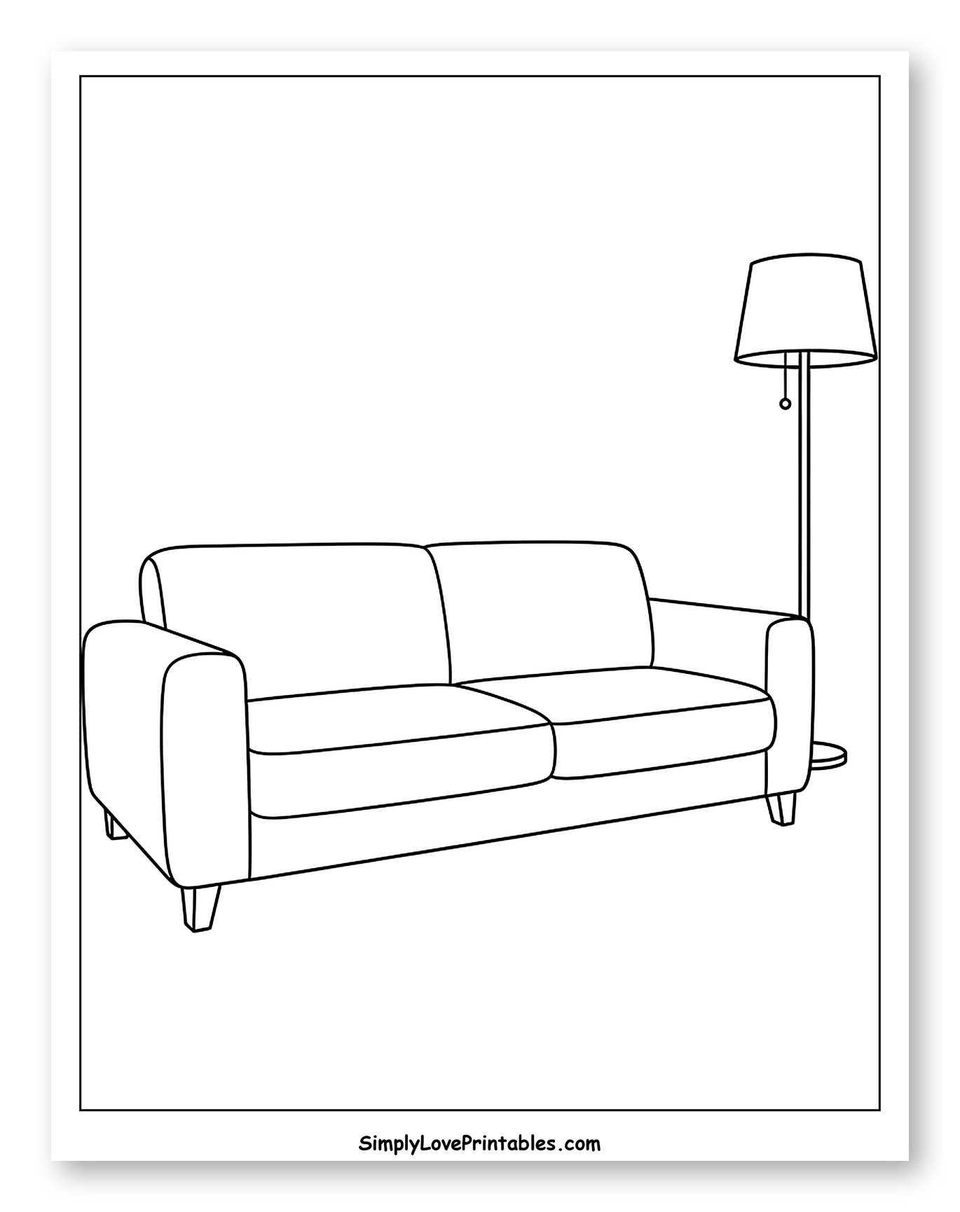 Simple Two-Seater Sofa with Floor Lamp Coloring Sheet for Toddlers