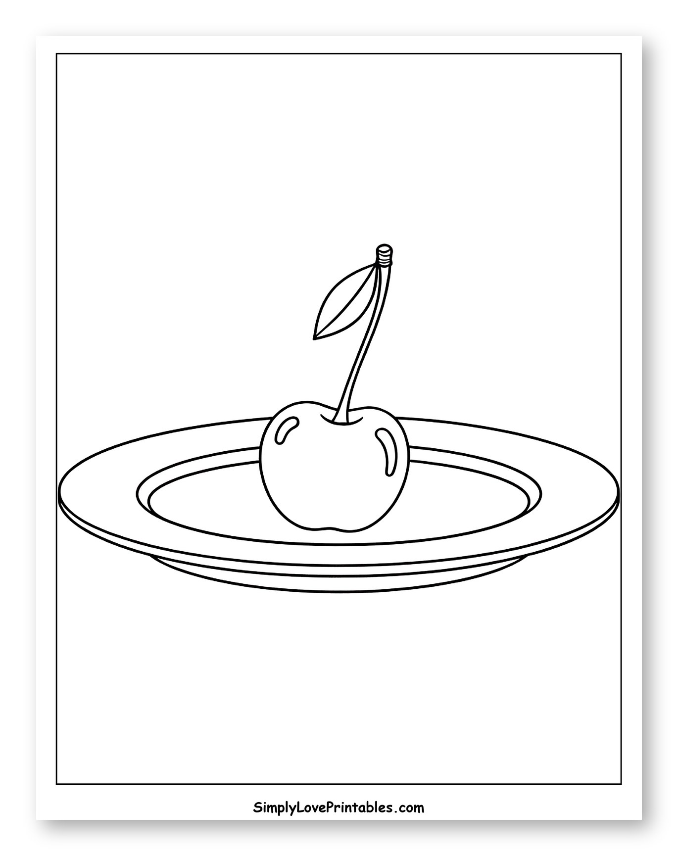 Single Cherry on a Plate Coloring Sheet for Toddlers