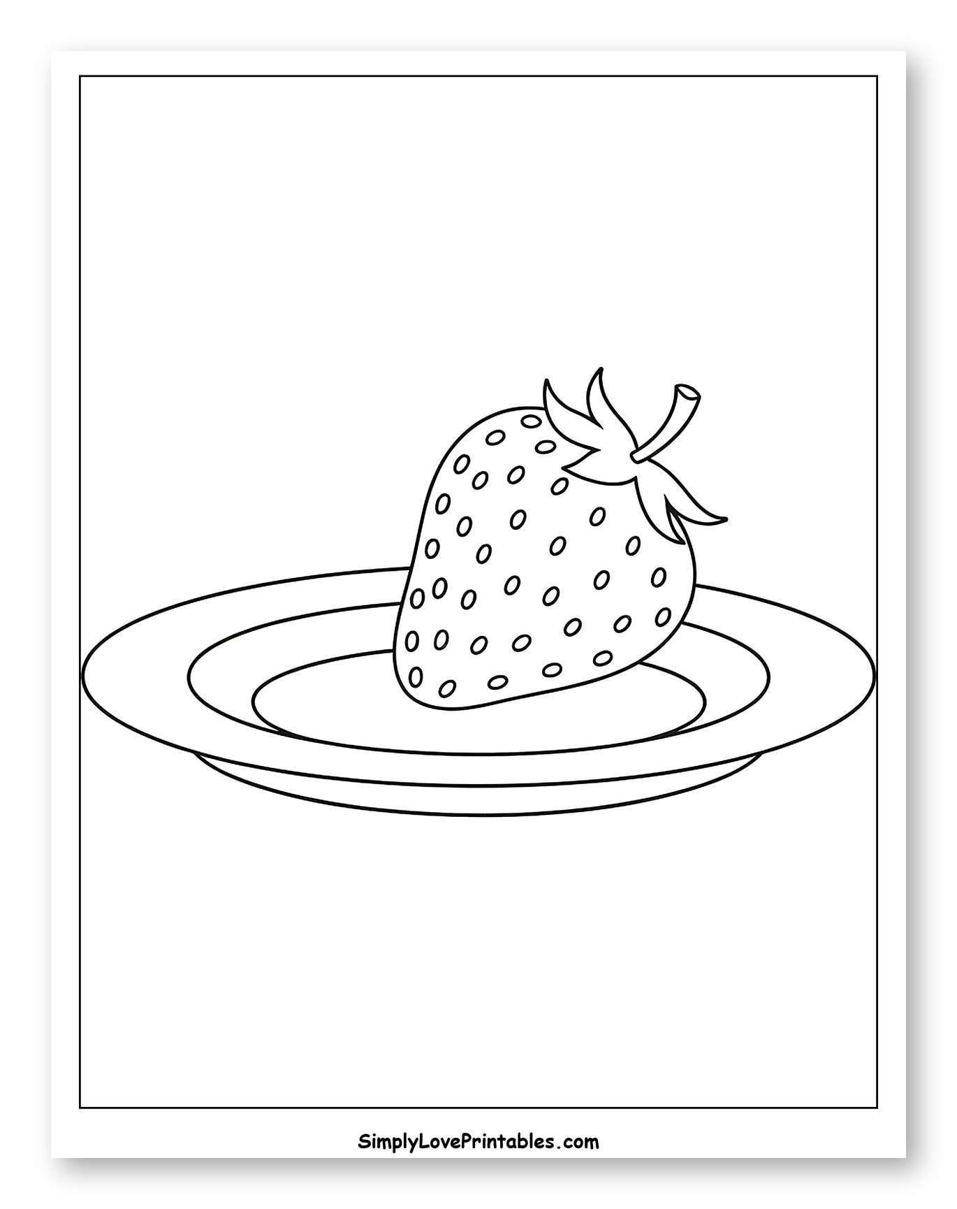 Single Strawberry Resting on a Plate Coloring Sheet for Toddlers