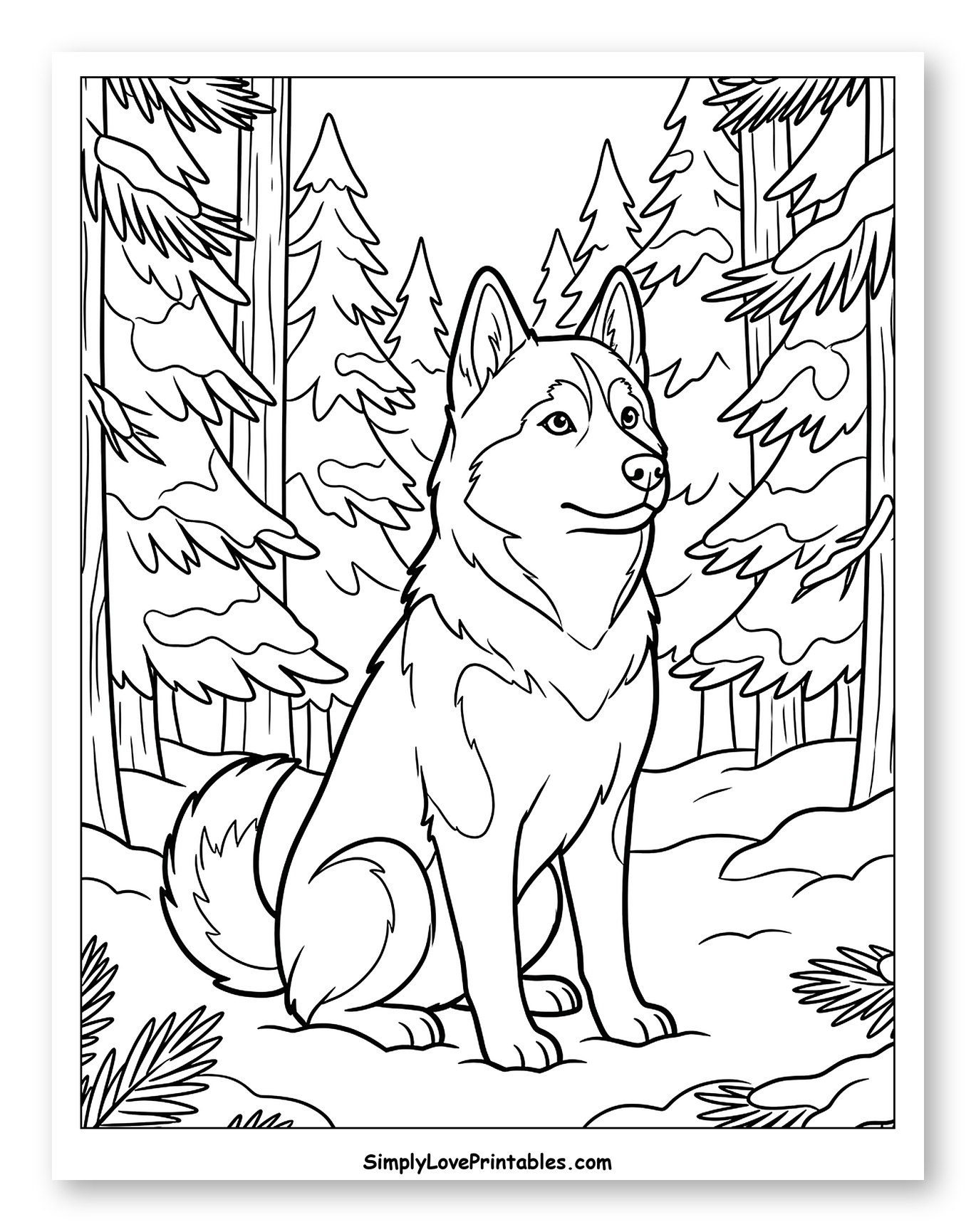 Sitting Husky in Snowy Forest