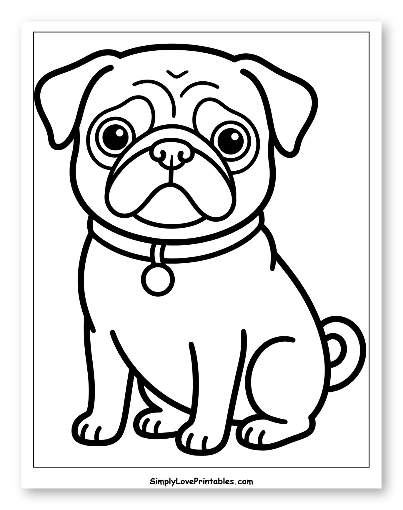 Sitting Pug Puppy with Collar Coloring Page for Toddlers