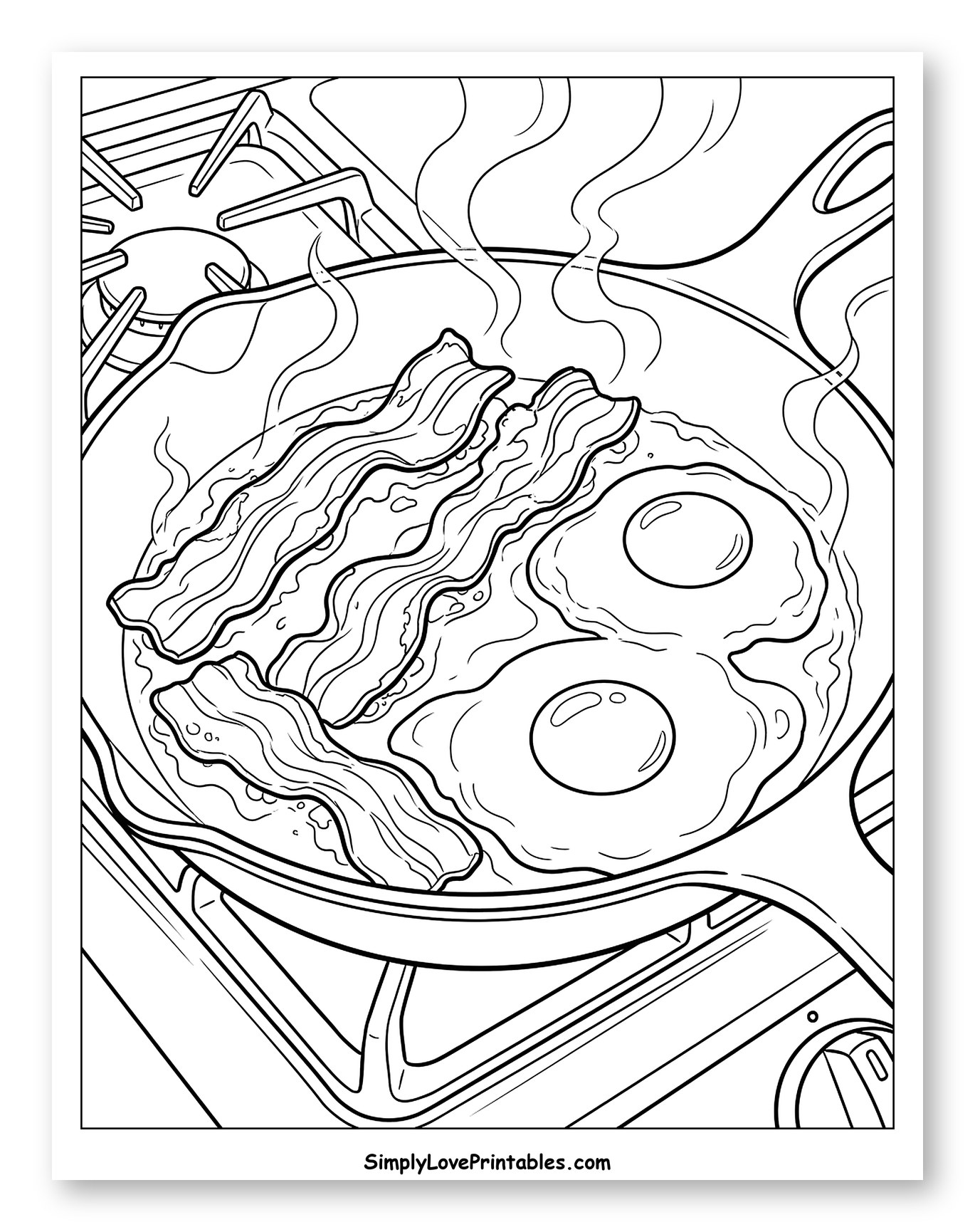 Sizzling Bacon and Fried Eggs on the Stove Coloring Page