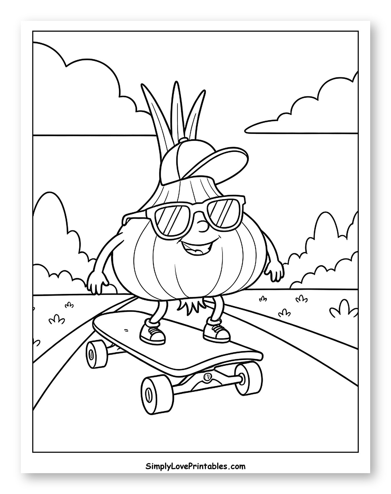 Skateboarding Garlic Character with Sunglasses and Cap to Color for Kids