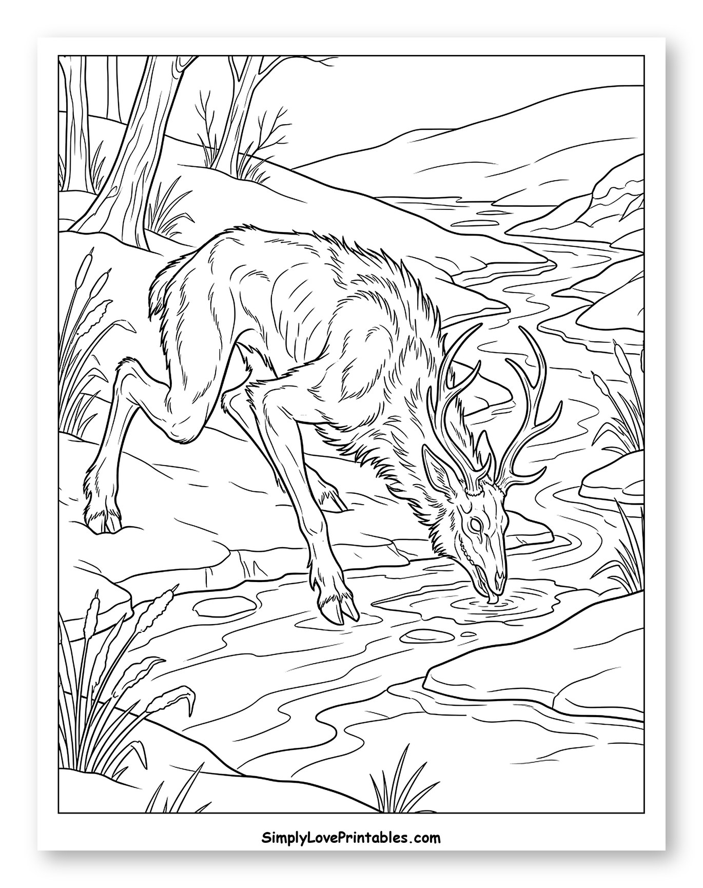 Skeletal Wendigo Drinking from a Mountain Stream