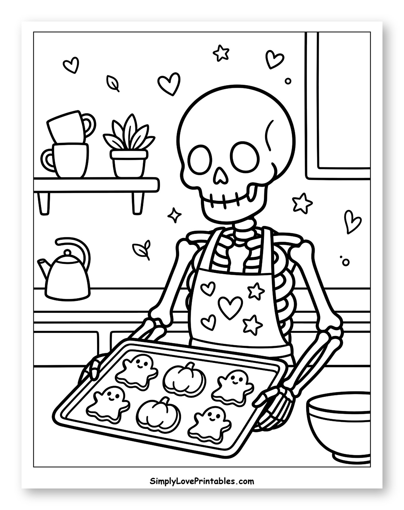 Skeleton Baking Halloween Cookies in Kitchen Coloring Sheet for Adults