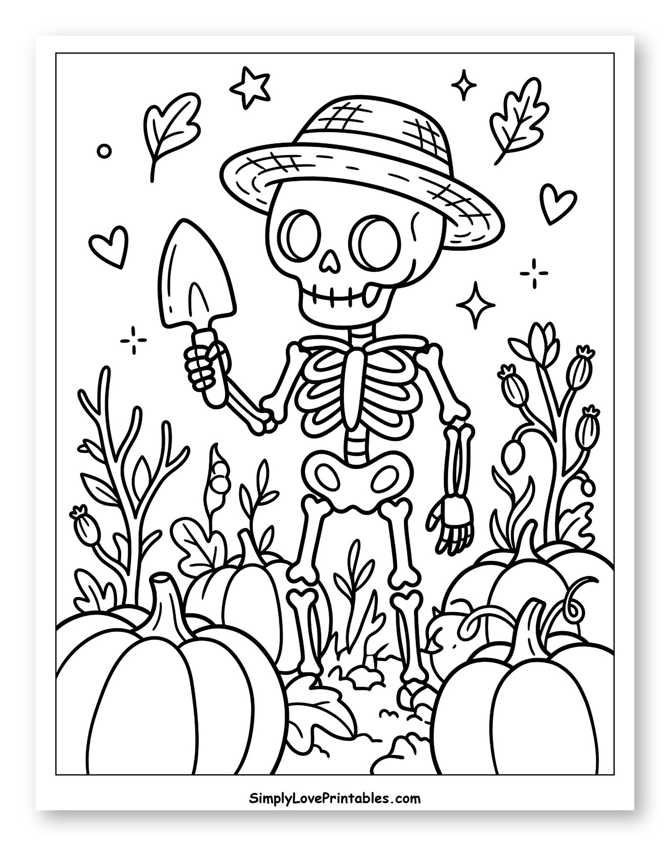 Skeleton Gardener in a Pumpkin Patch Coloring Page for Adults
