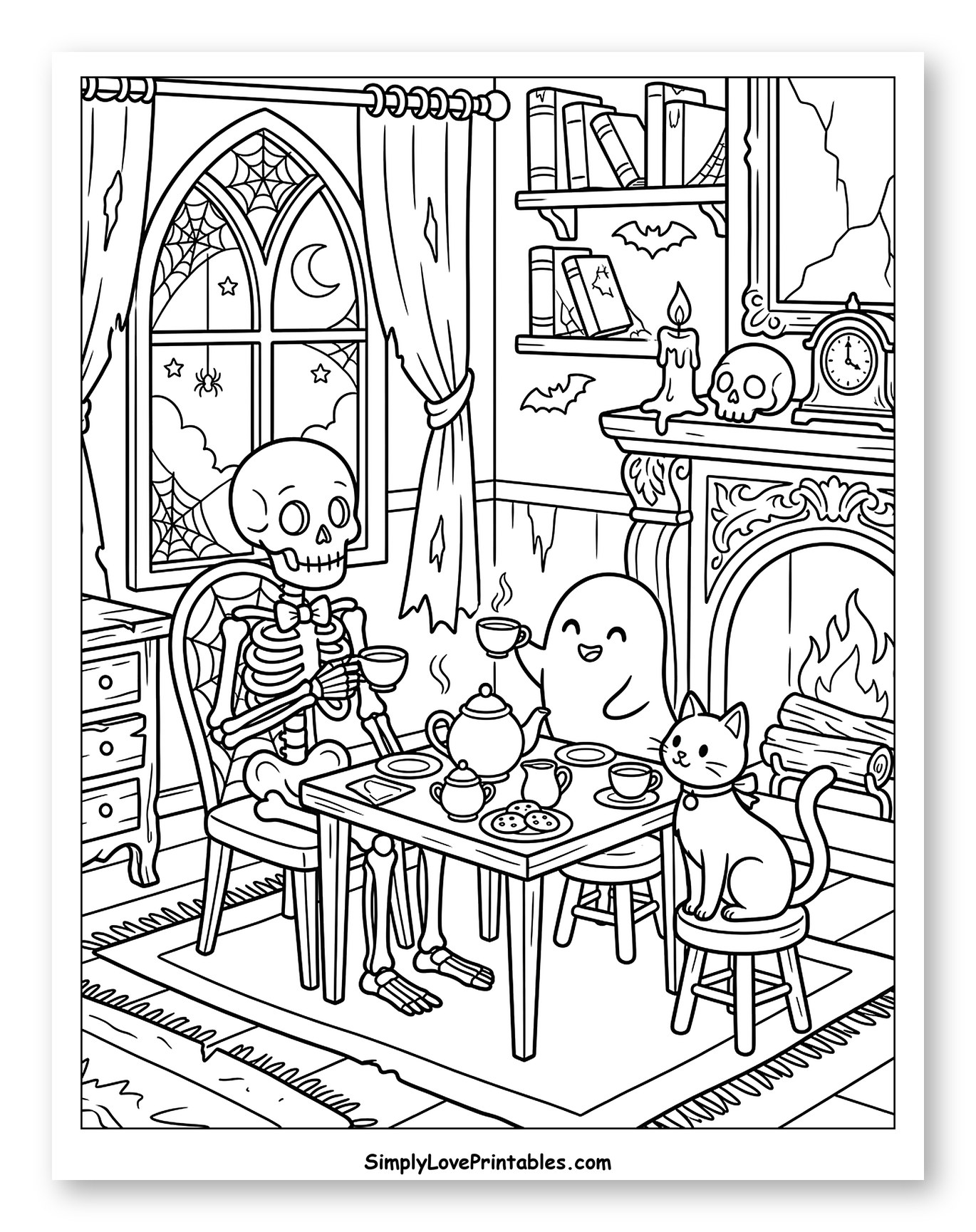 Skeleton, Ghost, and Cat Tea Party