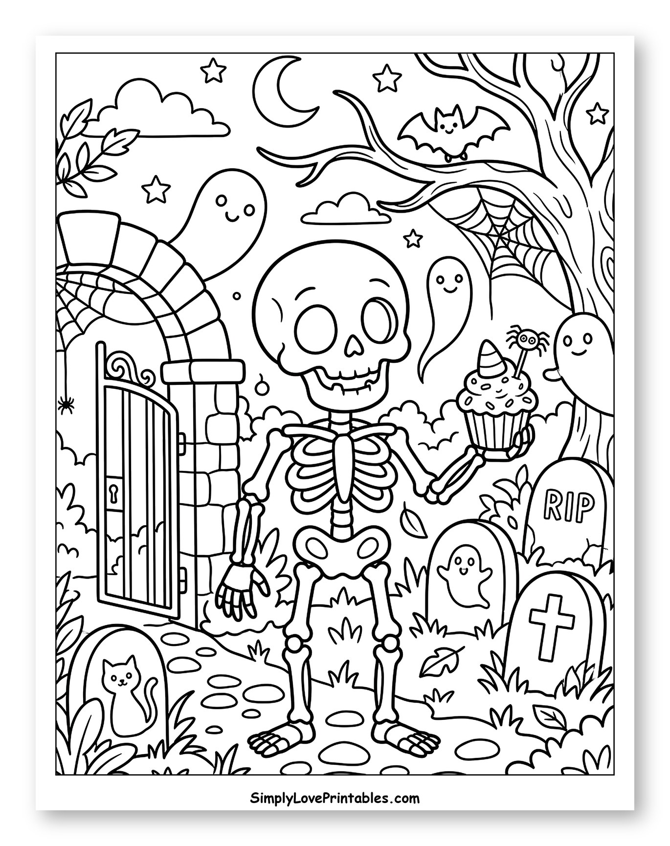 Skeleton Holding a Halloween Cupcake in Graveyard