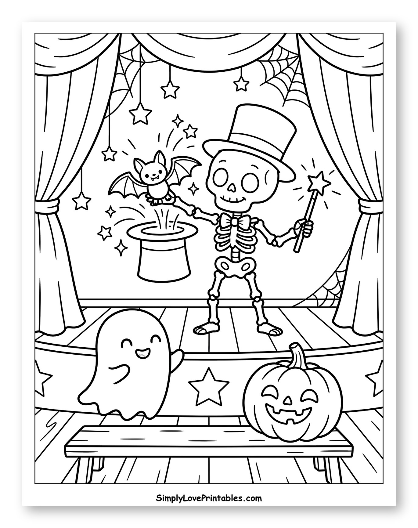 Skeleton Magician with Bat and Ghost
