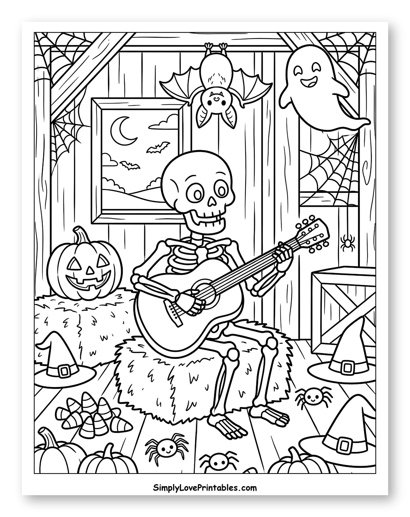 Skeleton Playing Guitar with Halloween Decorations