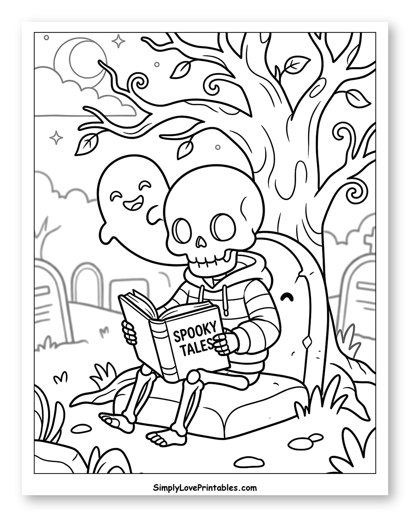Skeleton Reading Spooky Tales with a Friendly Ghost