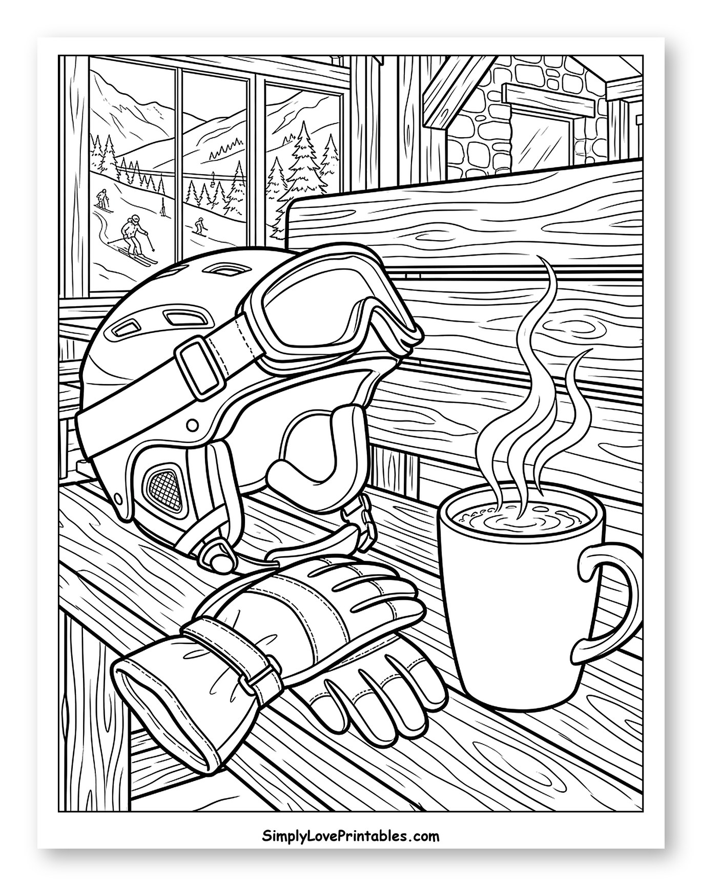 Ski Helmet, Gloves, and Hot Chocolate in a Cabin Coloring Sheet