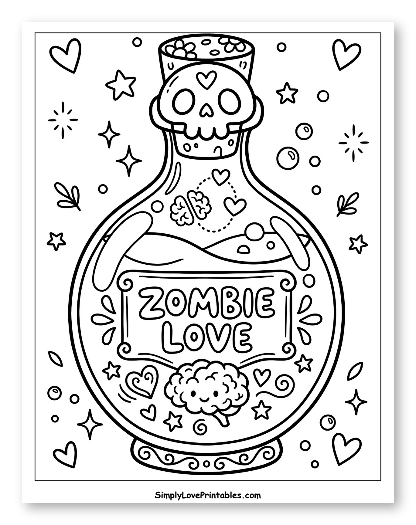 Skull-Topped Zombie Love Potion Bottle Coloring Page for Adults