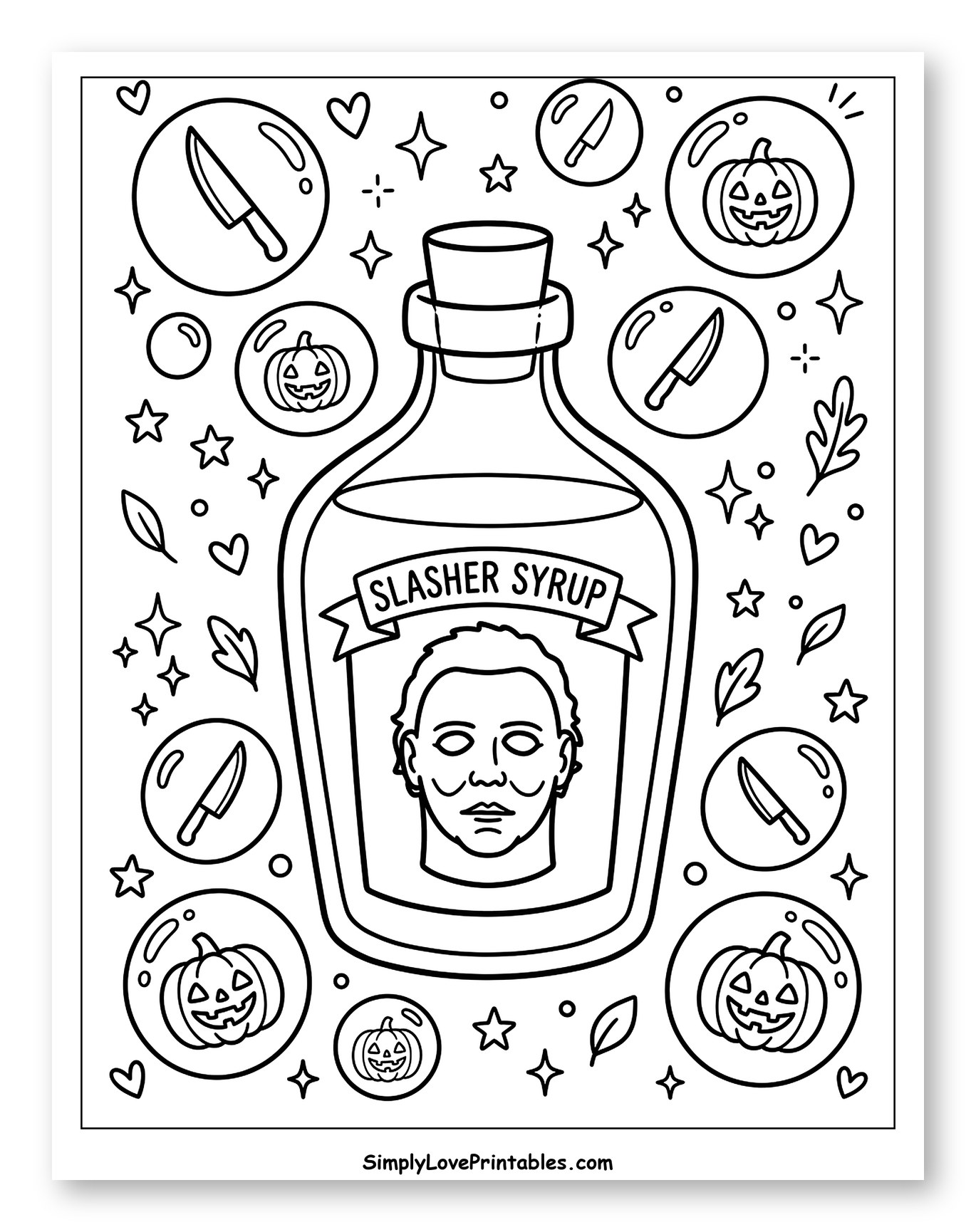 Slasher Syrup Bottle with Michael Myers and Halloween Elements Coloring Sheet for Adults