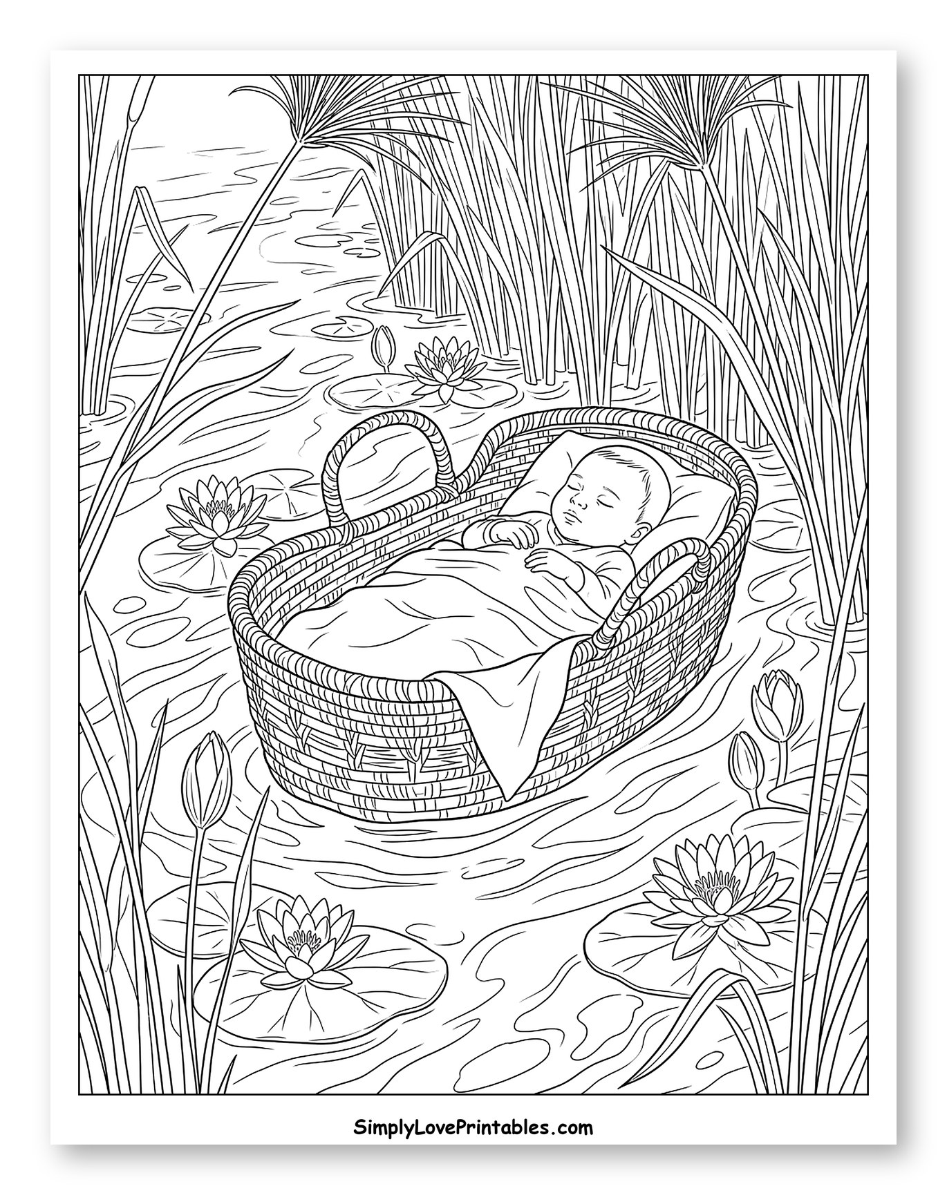 Sleeping Baby in Basket Among Reeds