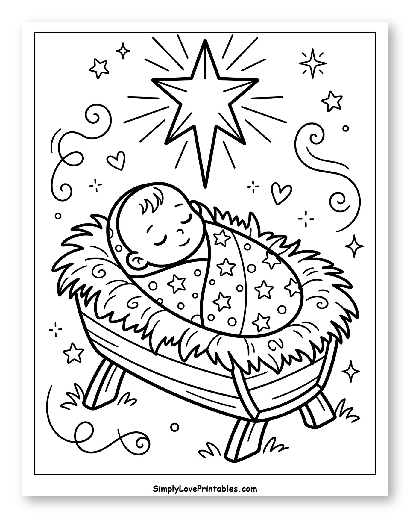 Sleeping Baby Jesus in Manger under Star Coloring Sheet for Adults