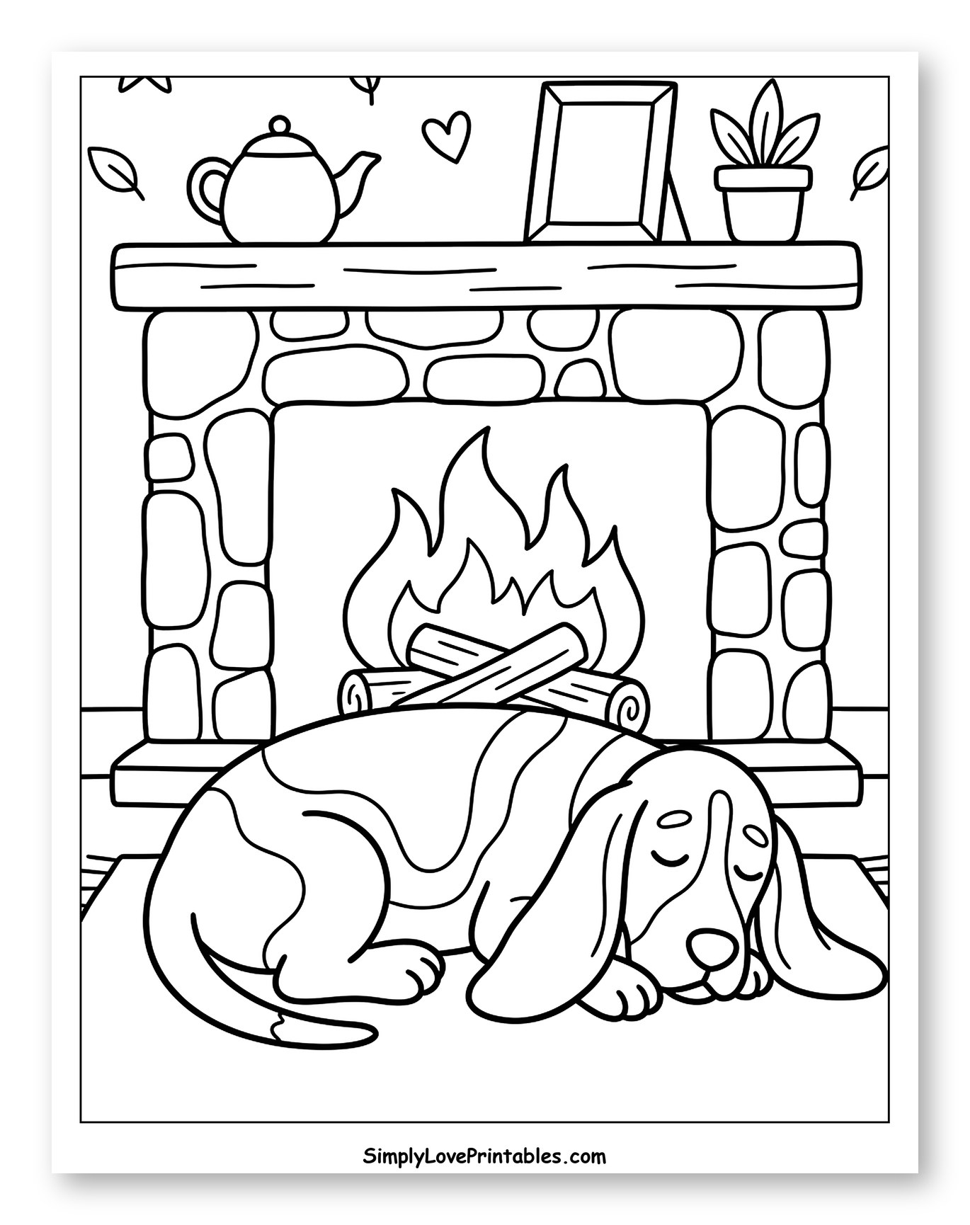 Sleeping Basset Hound by a Cozy Fireplace Coloring Sheet for Adults