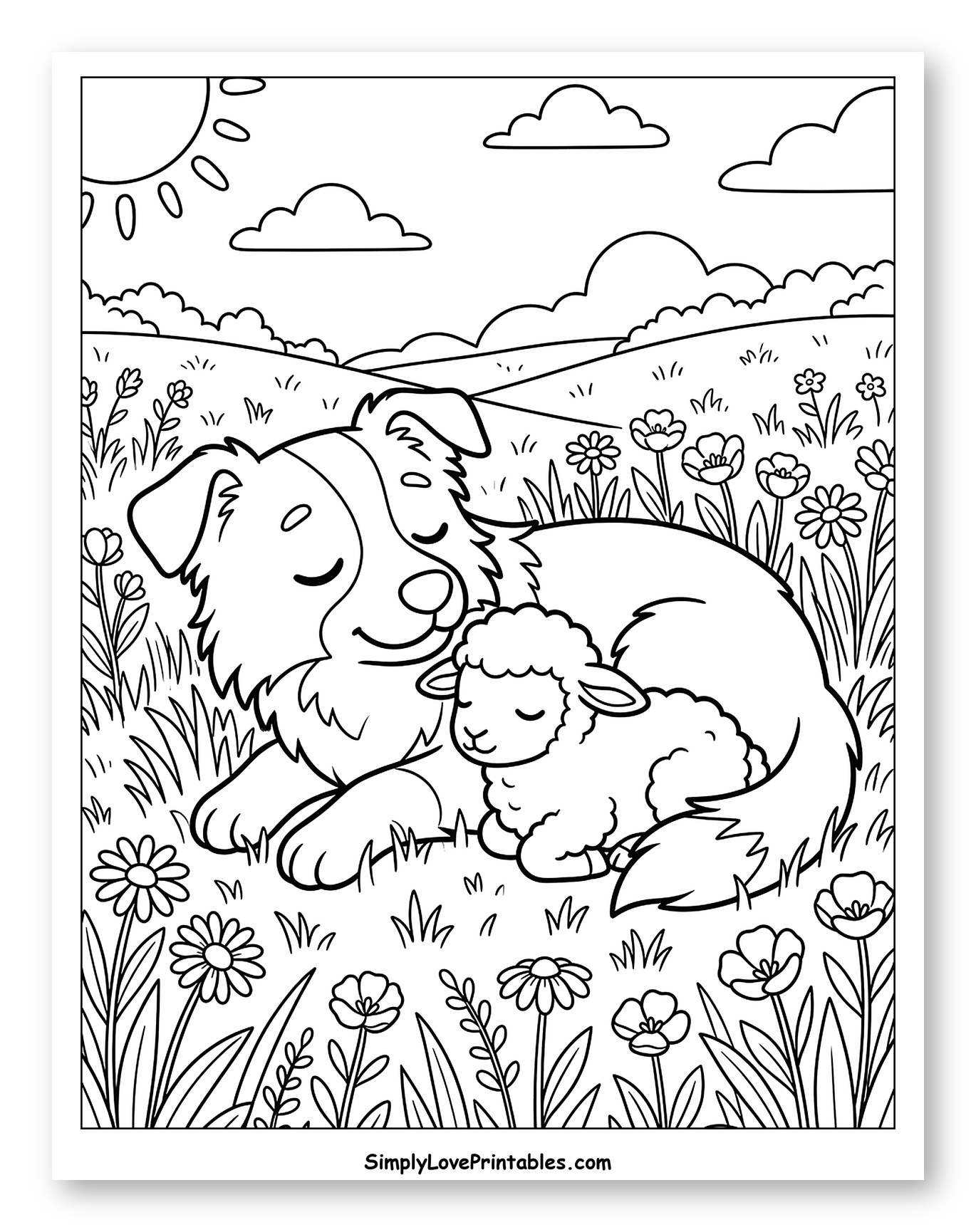 Sleeping Border Collie and Lamb in a Field Coloring Sheet for Kids