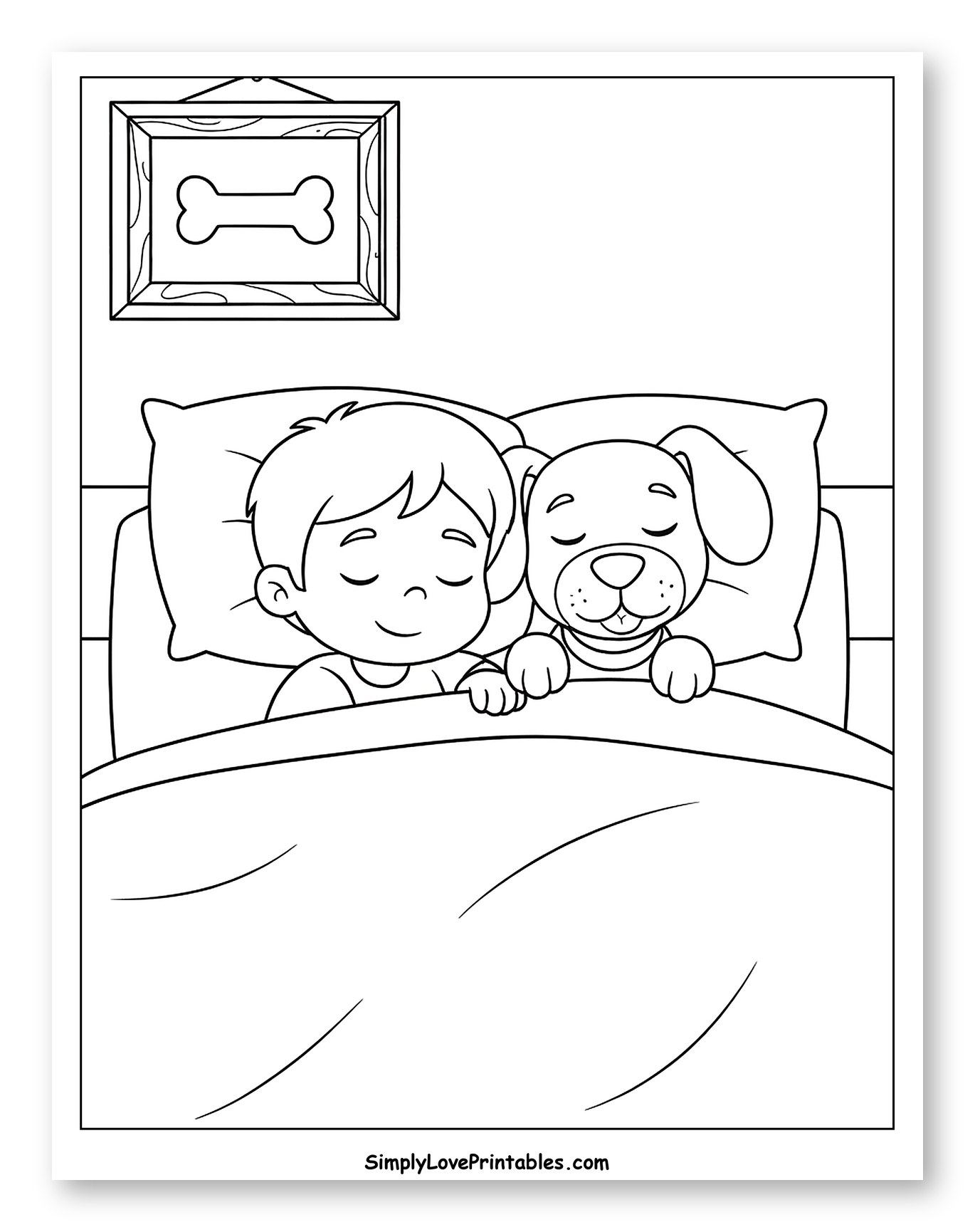 Sleeping Boy and Dog in Bed